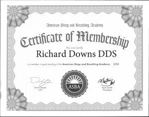 Certificate of membership from the American Sleep and Breathing Academy, featuring name Richard Downs DDS, with signatures and ASBA logo.
