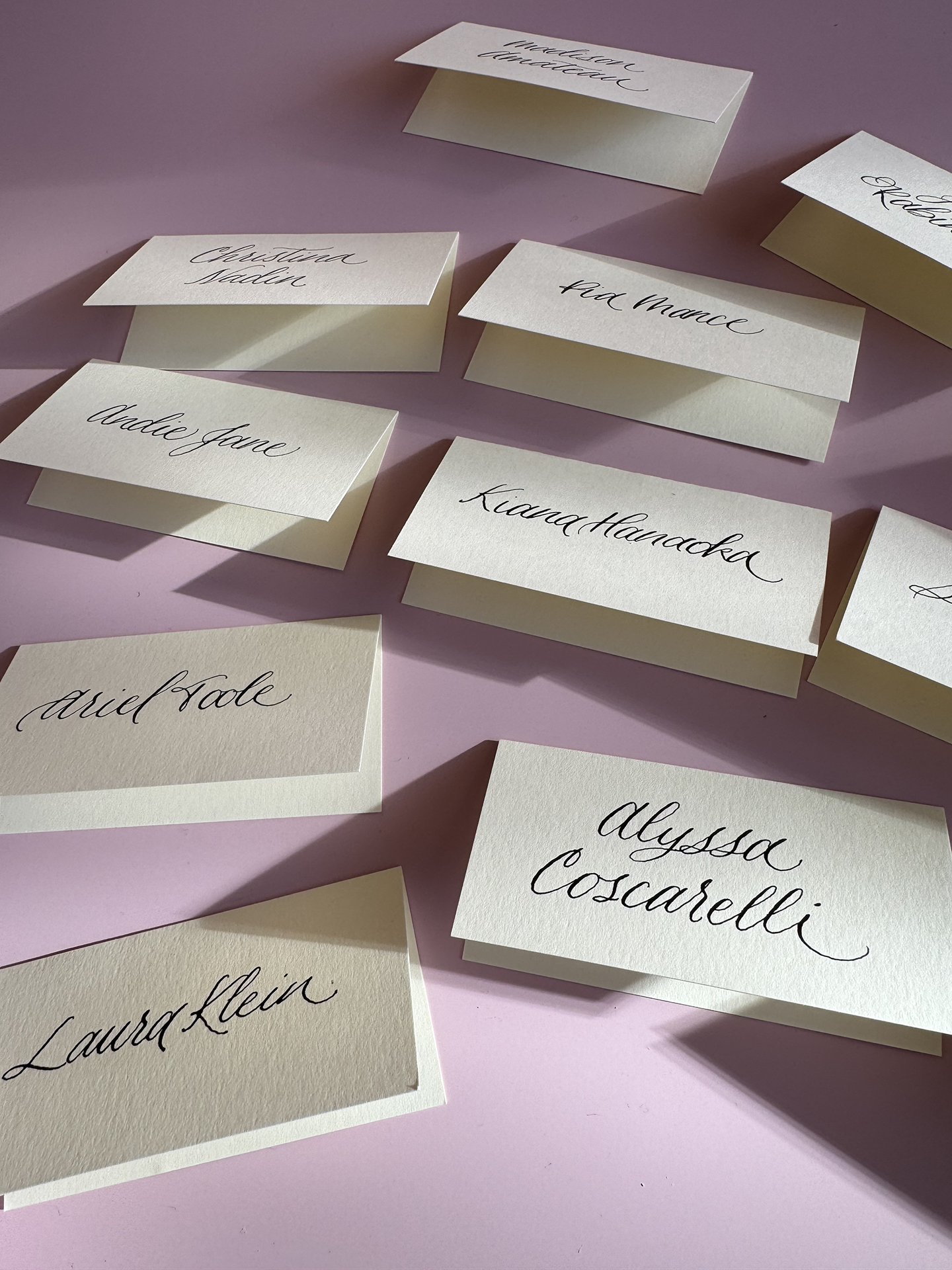 Calligraphed place cards for Ilia Influencer Pop Up Event