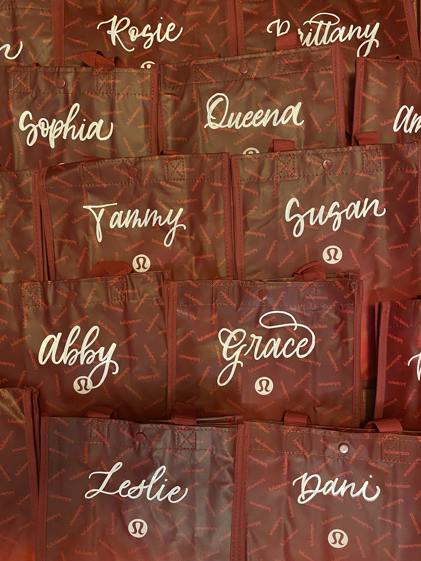 Names Calligraphy Lettering on Lululemon bags