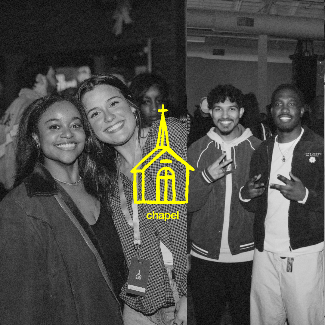 Black and white photo of four young adults smiling at a party or gathering indoors. Two women on the left side and two men on the right side are posing for the camera. A yellow line drawing of a chapel with the word 'chapel' is overlaid on the photo.