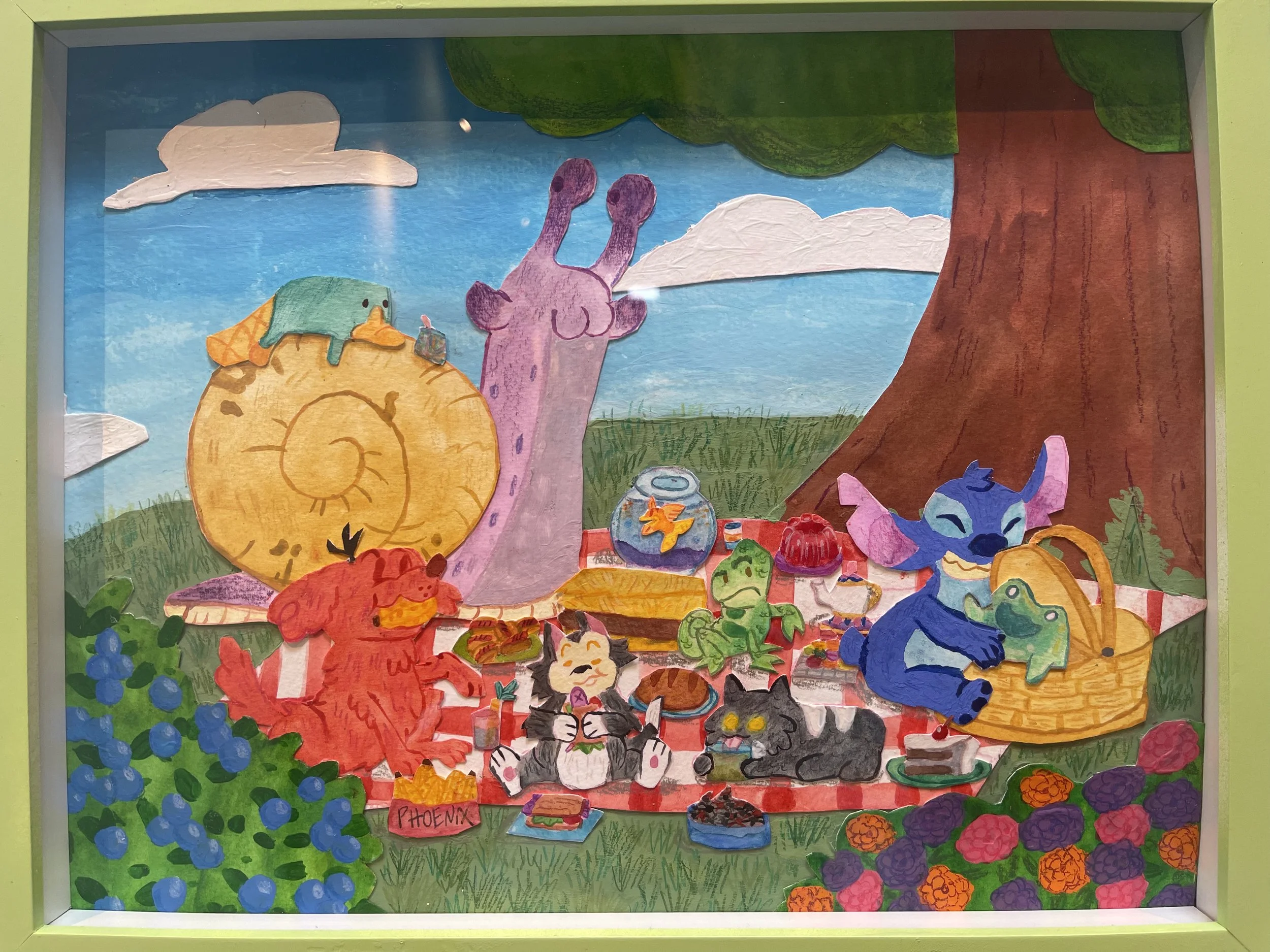 A Pet Picnic, Papercraft, Watercolor, Acrylic Paint, Gouache, Colored Pencil