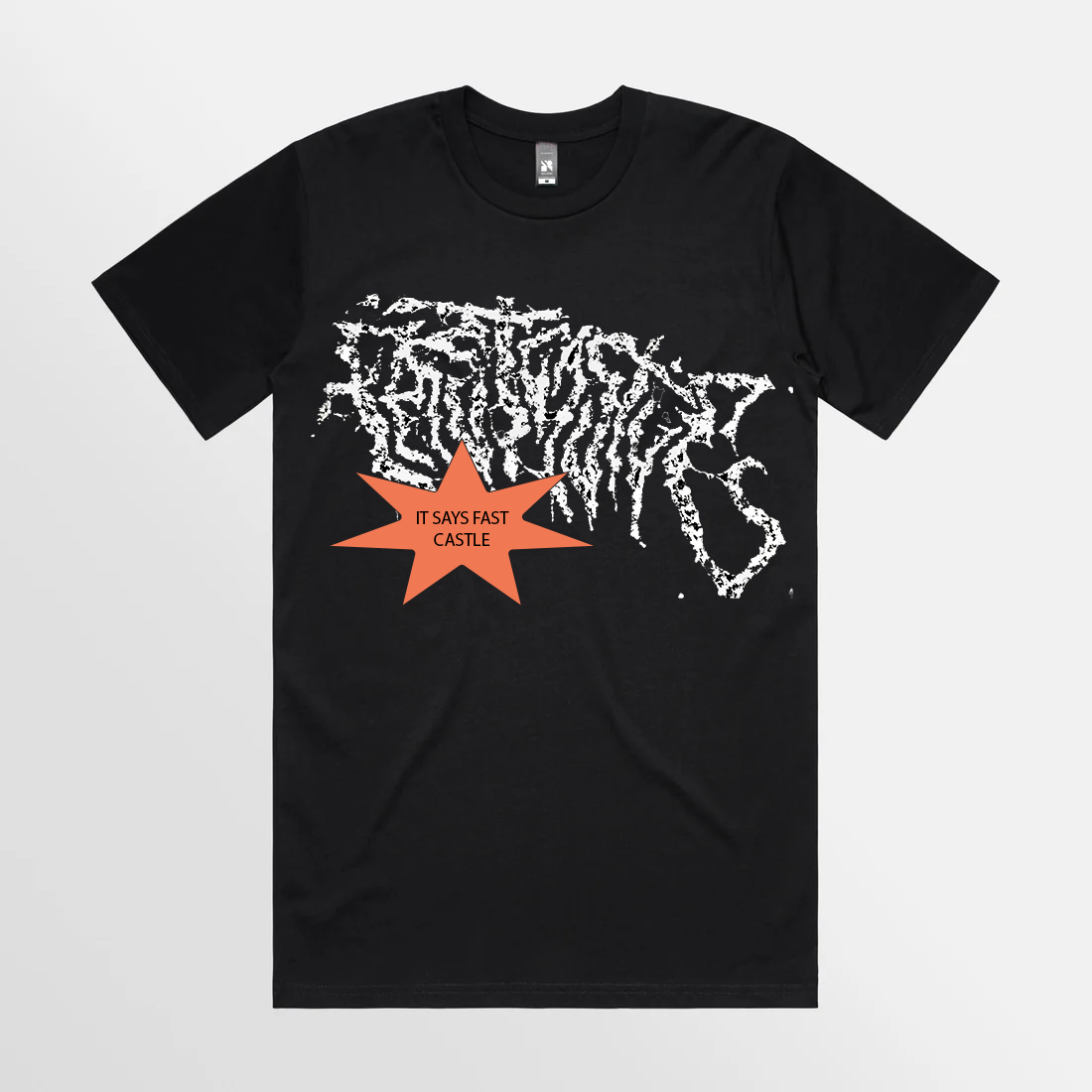 Black T-shirt with a white map of Massachusetts and an orange starburst shape that says 'IT SAYS FAST CASTLE'.