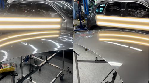 Kia Sorento hood before and after hail damage repair in Denver