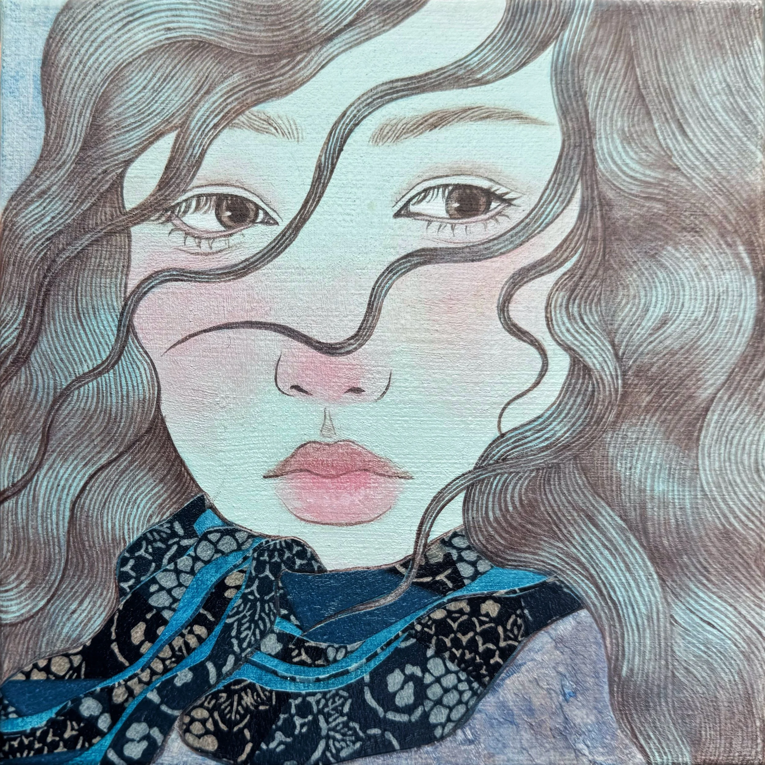 Blue and Blushing
6 x 6 in
Acrylic paint, paper collage on canvas
November 2025