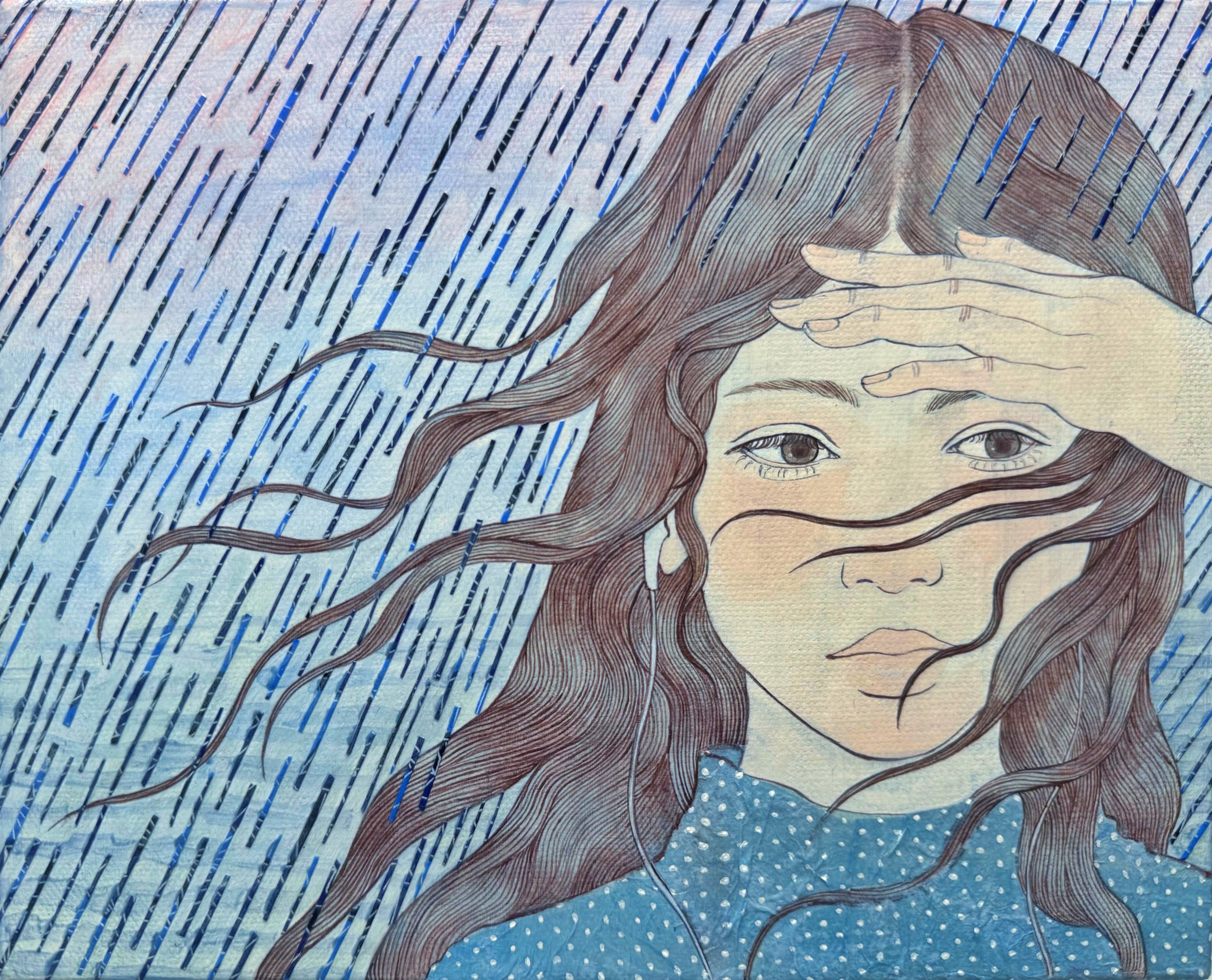 Sudden Rain
8 x 10 in
Acrylic paint, paper collage on canvas
November 2025