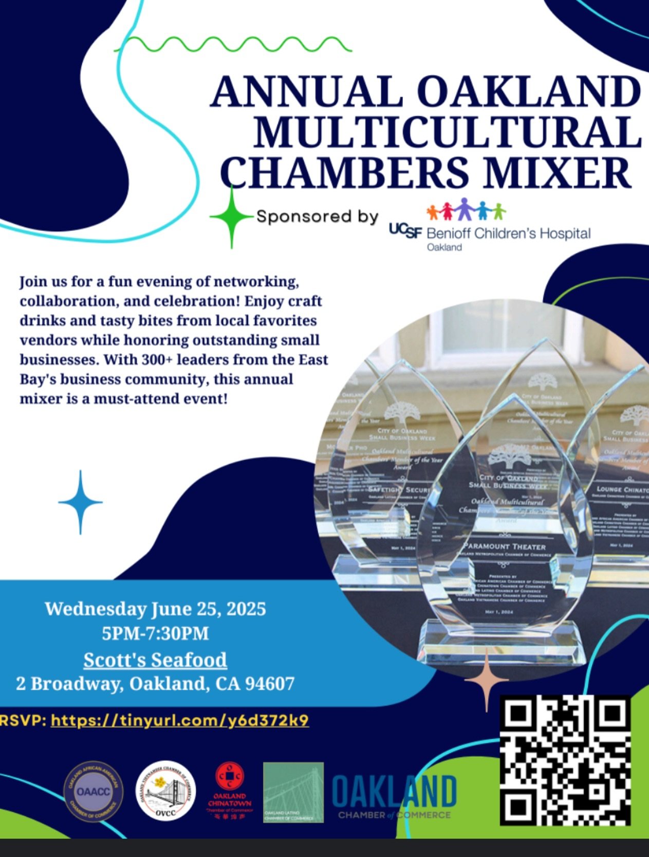 Join us for the Annual Oakland Multicultural Chambers Mixer! Network, enjoy local favorites, and celebrate outstanding small businesses. 

📅 Wednesday, June 25, 2025
🕔 5:00 PM - 7:30 PM
📍 Scott&rsquo;s Seafood 
  2 Broadway, Oakland, CA 94607

🎟 