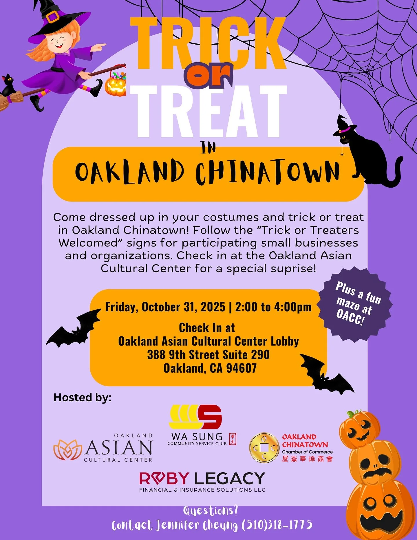 🎃Trick or Treat!🎃 Come dressed up in your costumes and tick or treat in Oakland Chinatown! Follow the &ldquo;Trick or Treaters Welcomed&rdquo; signs for participating small businesses and organizations. Check in at the Oakland Asian Cultural Center