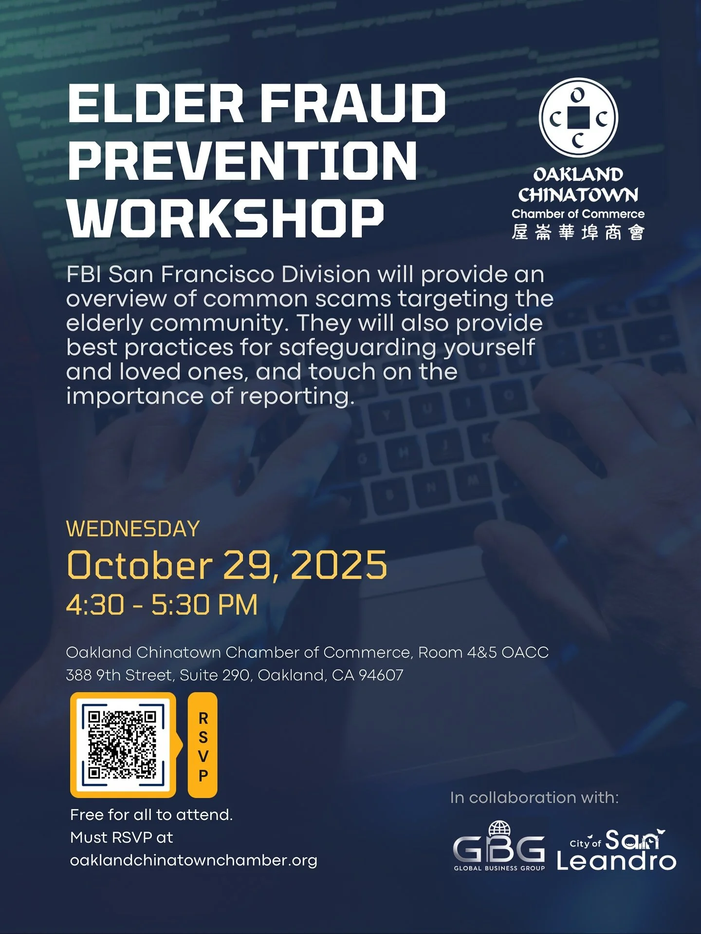&ldquo;🚨 FBI Workshop &ndash; Elderly Fraud Prevention! 🚨

Come join us to learn how to protect yourself from fraud. Get direct guidance and advice from the FBI on safeguarding against scams and fraudulent activities.

✨ Free for all to attend! RSV