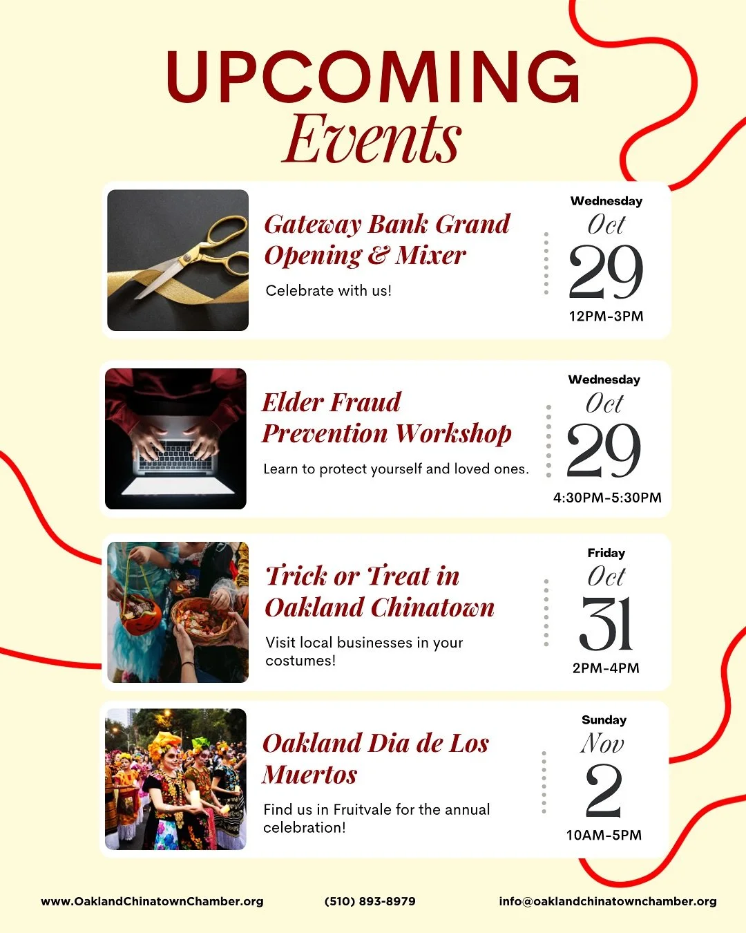 🚨We have a lot of events coming up! Swipe to check out the event details and we hope to see you there! 我們這個星期有很多活動！

🗓️Gateway Bank October 29 | 12-3PM
🗓️Elder Fraud Prevention Workshop October 29 | 4:30-5:30PM
🗓️Trick or Treat in Oakland Chinato