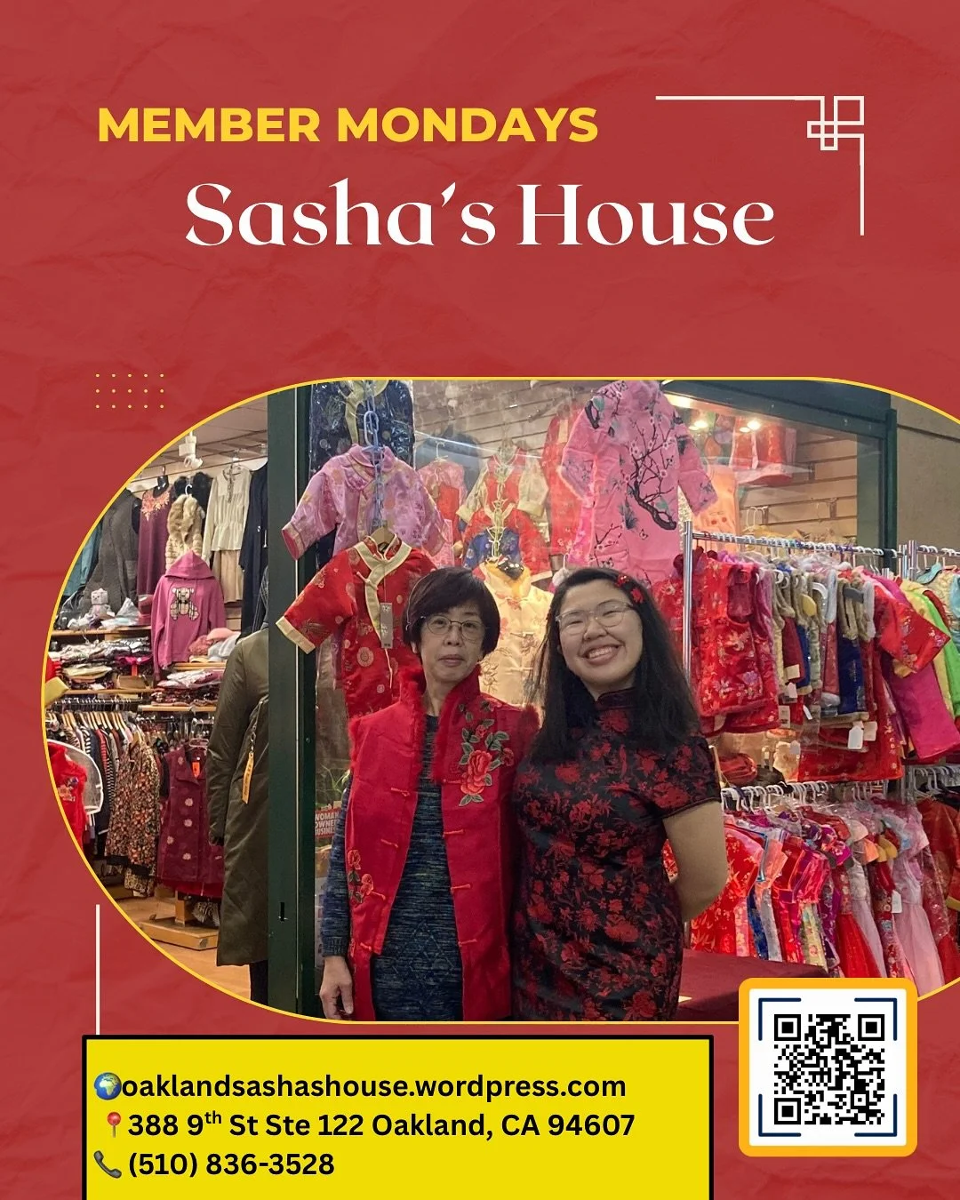 💃Member Mondays Spotlight 💃

This week, we are highlighting Sasha&rsquo;s House (@sashashouseoakland)! Open since 2007, Sasha&rsquo;s House sells Chinese traditional clothing with a wide variety of designs and sizes for the whole family. Sasha&rsqu