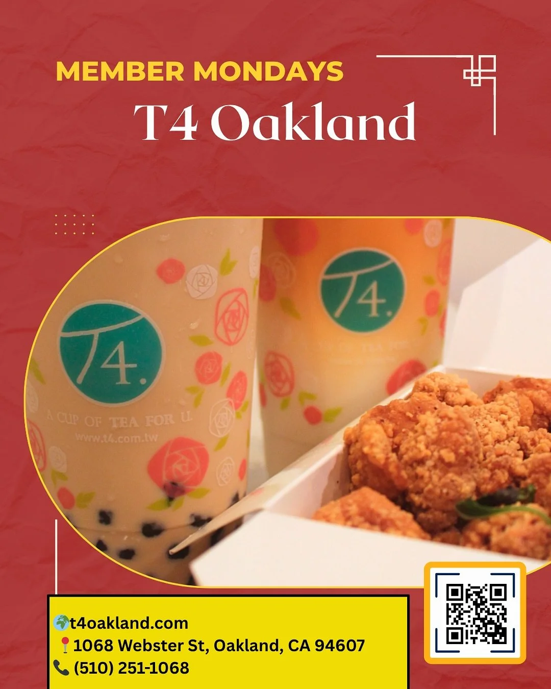🧋Member Mondays Spotlight 🧋

This week, we are highlighting T4 Oakland! T4 was founded in Taiwan in 2004 under the philosophy of connecting individuals through a cup of tea. The idea of T4 originated from one warm greeting among people, &ldquo;a cu
