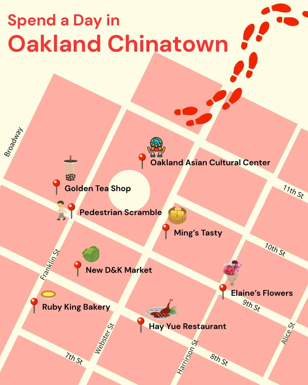🚶&zwj;➡️Spend a Day in Oakland Chinatown!🚶&zwj;➡️

🌅...In the Morning...🌅
🥬Head to New D&amp;K Market for an ultra fresh meat and produce selection. The earlier you go, the better the selection!
378 8th St, Oakland, CA 94607 | 7:30AM-5:30PM

🥟A