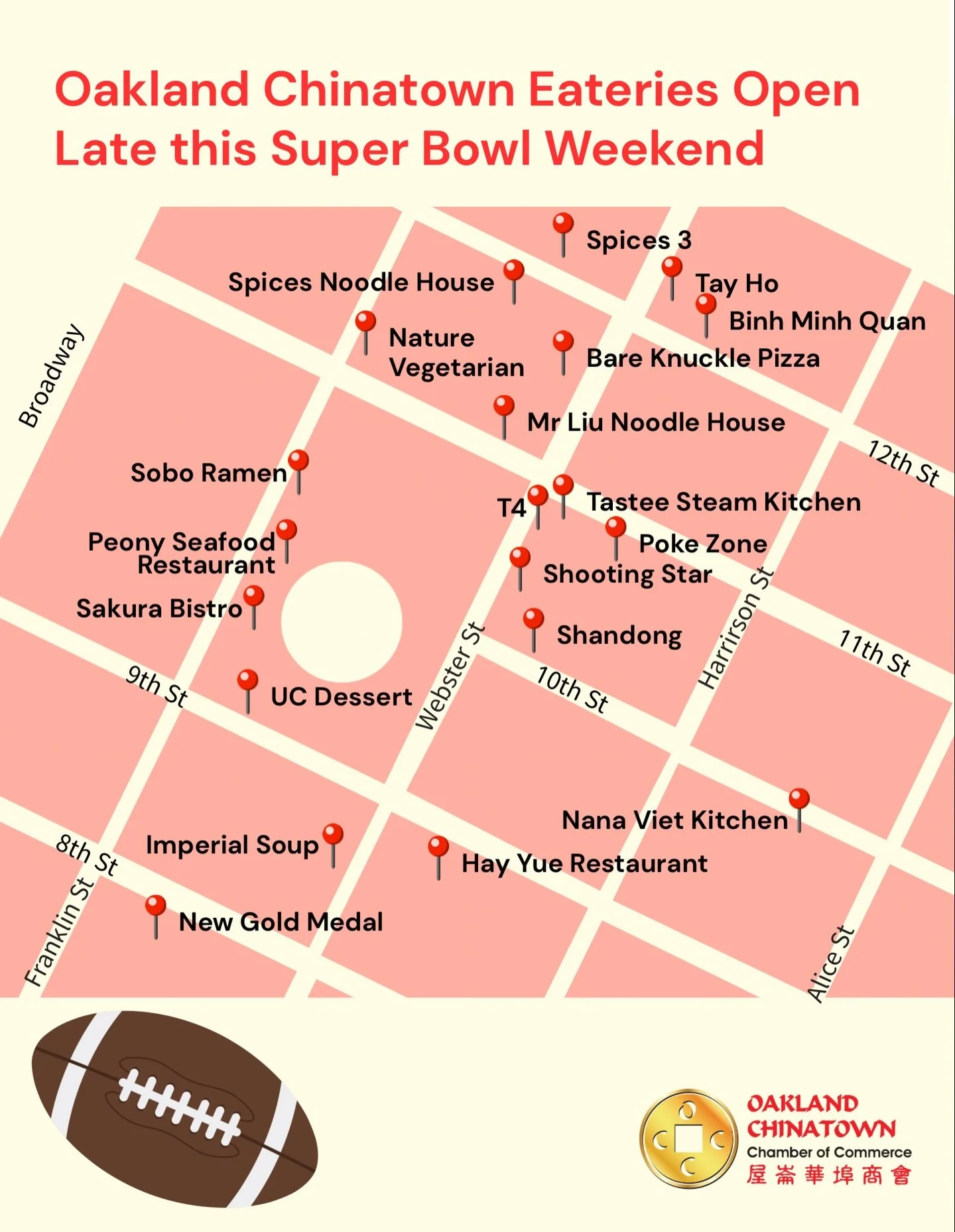 As the day winds down and Super Bowl Sunday heats up 🏈🌙, hunker down with some food at Oakland Chinatown!

Oakland Chinatown is packed with so many different flavors in one neighborhood: hand-pulled noodles, Vietnamese comfort food, seafood feasts,