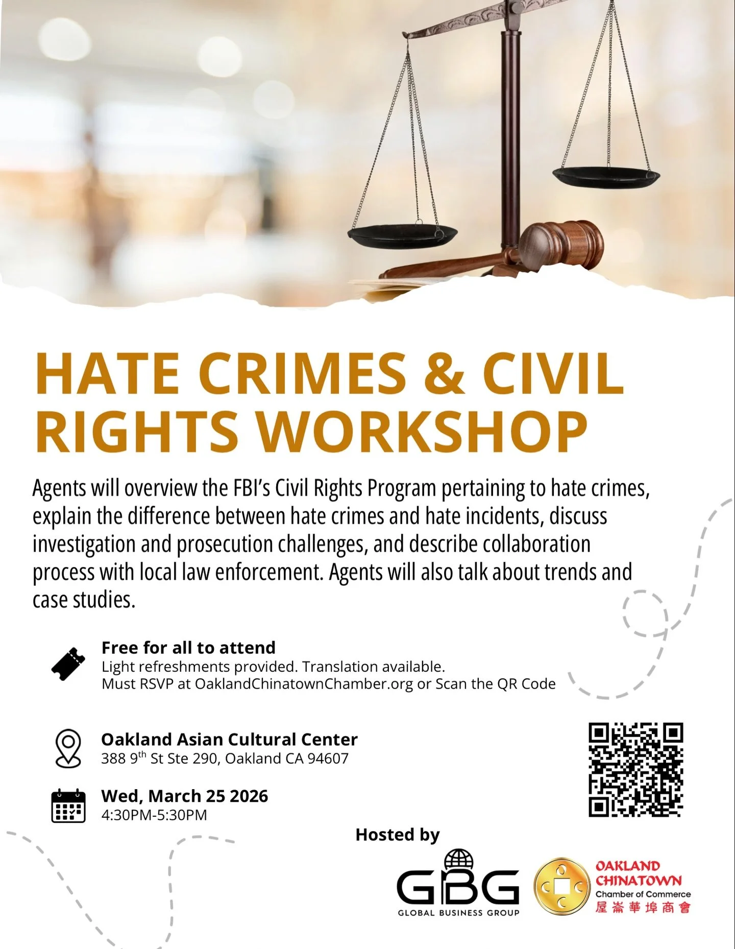 🚨Discover what qualifies as a hate crime and understand your civil rights at our Hate Crimes &amp; Civil Rights Workshop! 探索什麼情況構成仇恨犯罪，並在我們的「仇恨犯罪與公民權講座」中了解您的公民權利！

Agents will overview the FBI&rsquo;s Civil Rights Program pertaining to hate crimes, 