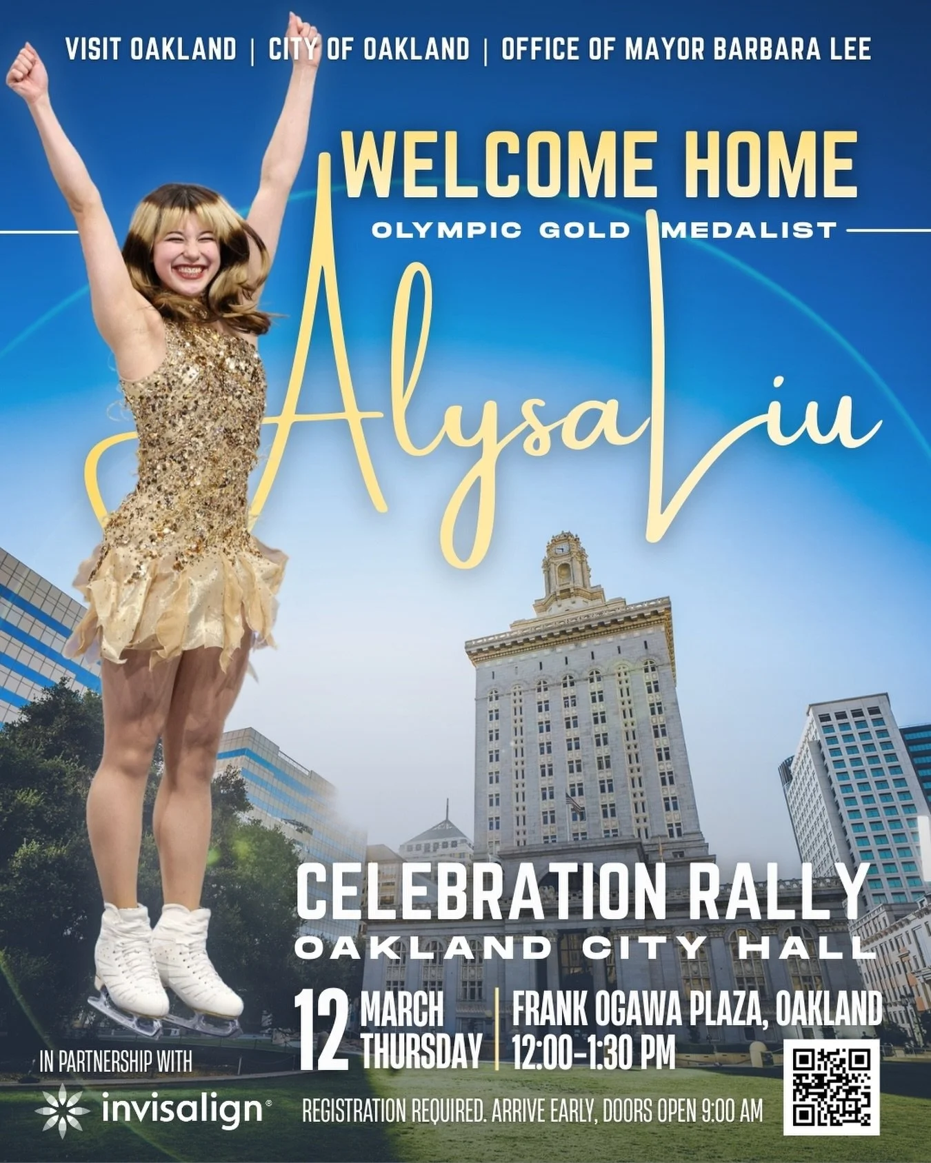 Celebrate our homegrown Olympian Alysa Liu @alysaxliu with us!

Join us as we celebrate Olympic Gold Medalist and Oakland&rsquo;s own Alysa Liu at a special Celebration Rally at Oakland City Hall on Thursday, March 12 at noon (Frank Ogawa Plaza, Oakl