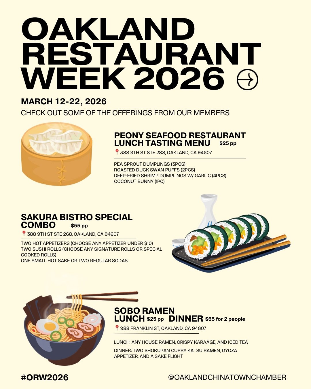 😋Oakland Restaurant Week hosted by @visitoakland is coming up! Head to Oakland during March 12-22 and enjoy Oakland&rsquo;s famous and diverse food scene. Don&rsquo;t miss these incredible menus and special offers!

Did we miss a special offer? Shar