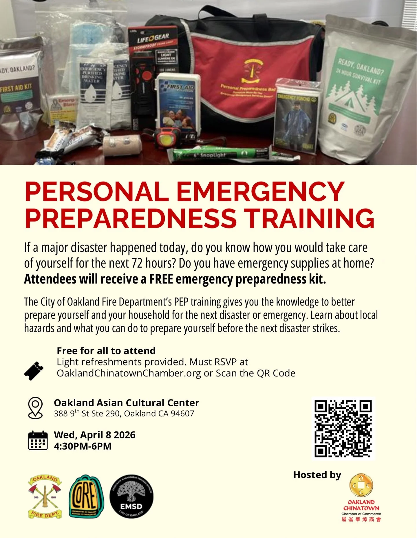 🚨Did you Know? According to UC Berkeley, there is a 72% chance of a major earthquake (magnitude 6.7 or greater) before 2043. 你知道嗎？根據加州大學柏克萊分校（UC Berkeley）的資料，在 2043 年之前發生一次規模 6.7 或以上強震的機率為 72%。

The City of Oakland Fire Department&rsquo;s Personal E