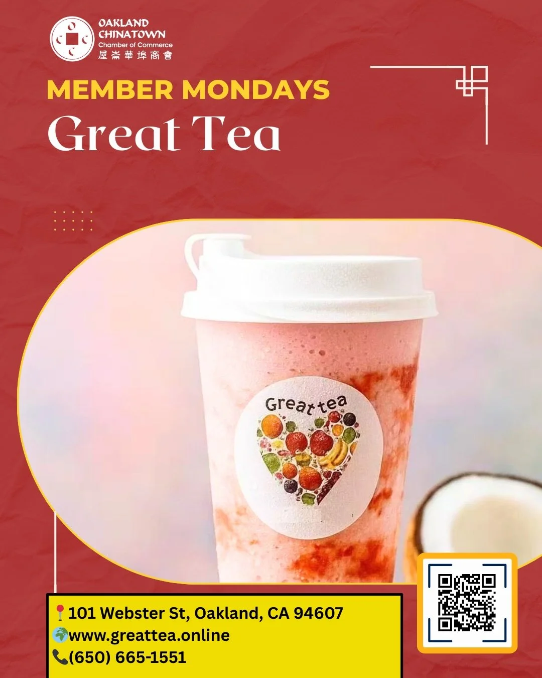 🧋 Member Mondays Spotlight 🧋
This week we&rsquo;re featuring Great Tea, a local boba shop known for its freshly brewed teas and refreshing fruit slushies. Along with their drinks, they offer tasty snacks like Hong Kong style curry fish balls and in