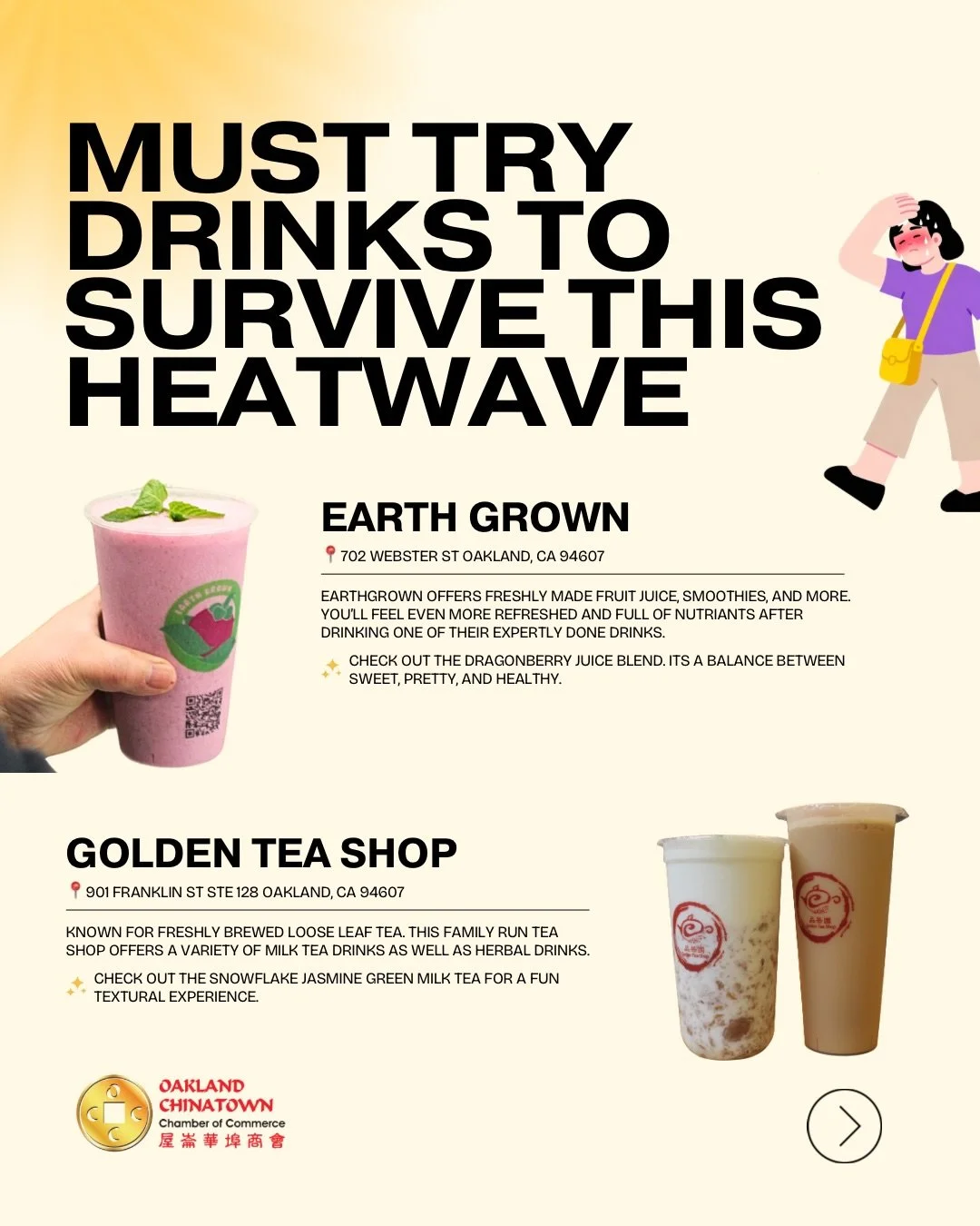 🥵Are you boiling in this heatwave? Oakland Chinatown has a wide range of drinks waiting for you! Quench your thirst with endless possibilities of smoothie, boba, juice, and matcha. 

📍EARTH GROWN @earthgrowndrinks 
702 WEBSTER ST OAKLAND, CA 94607
