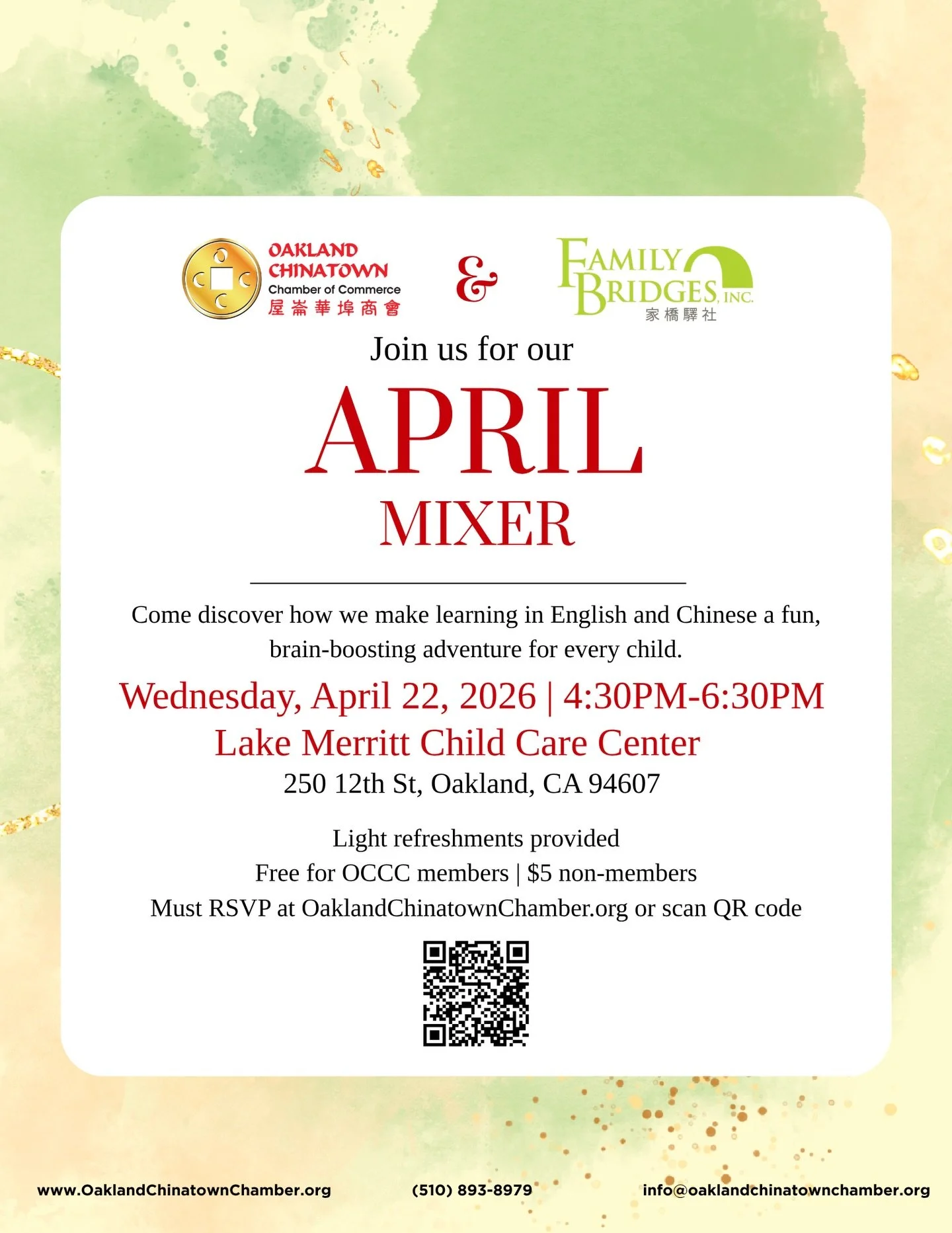 Join us for our April Mixer with Family Bridges Inc! Come discover how we make learning in English and Chinese a fun, brain-boosting adventure for every child. 歡迎參加我們與家橋驛社的四月聯誼酒會!來探索我們如何讓孩子在英語和中文的學習中，展開一場充滿樂趣並激發大腦潛能的成長路程。

📍Lake Merritt Child Care C
