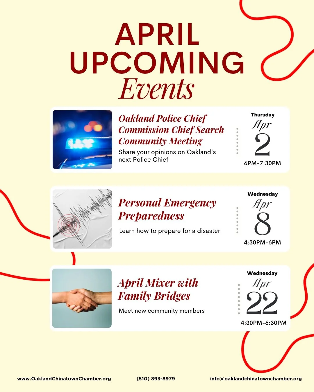 With April almost here, we&rsquo;re excited to share our calendar of events for the month ahead.

Oakland Police Chief Commission Chief Search Community Meeting
Thu, April 2 | 6PM-7:30PM

Personal Emergency Preparedness Workshop
Wed, April 8 | 4:30PM