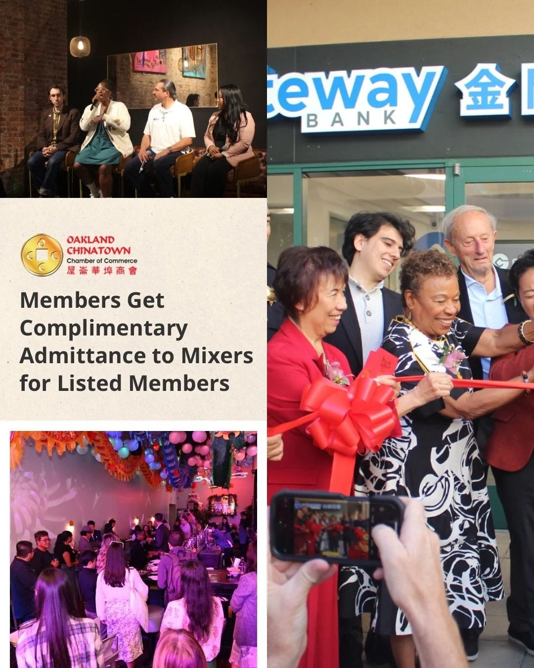 Oakland Chinatown Chamber members get complimentary admittance to mixers for listed members! Looking to meet new people, network, and see what you can do to grow your business? Join our membership!

The Oakland Chinatown Chamber of Commerce (OCCC), f
