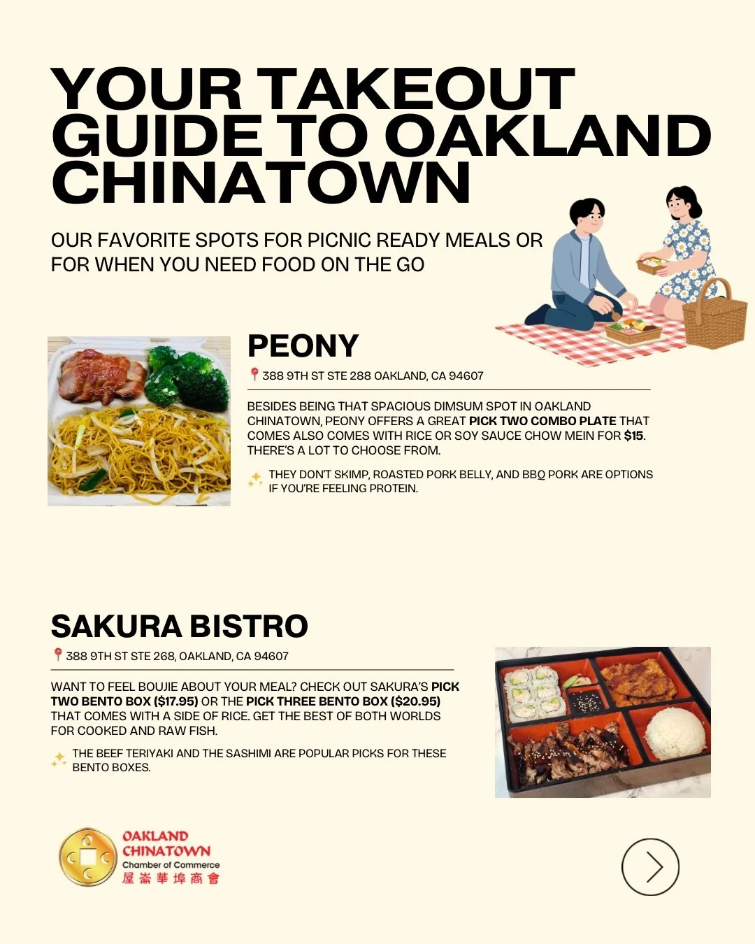 Let&rsquo;s Picnic Together! Celebrate National Picnic Day on April 23 by grabbing a meal from one of these fantastic spots and heading to a nearby park to enjoy the diverse and delicious flavors of Oakland Chinatown.

Here is a concise guide to some