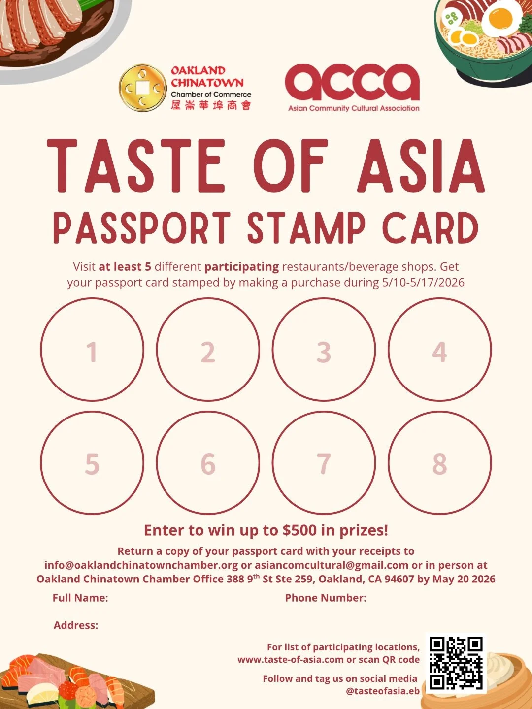 🍽️Participating restaurants and eateries is now LIVE for Taste of Asia! Check out special offers and menus.

Celebrate Asian Heritage Month with a week-long culinary experience across Oakland and San Leandro! 

From May 10&ndash;17, 2026, Taste of A