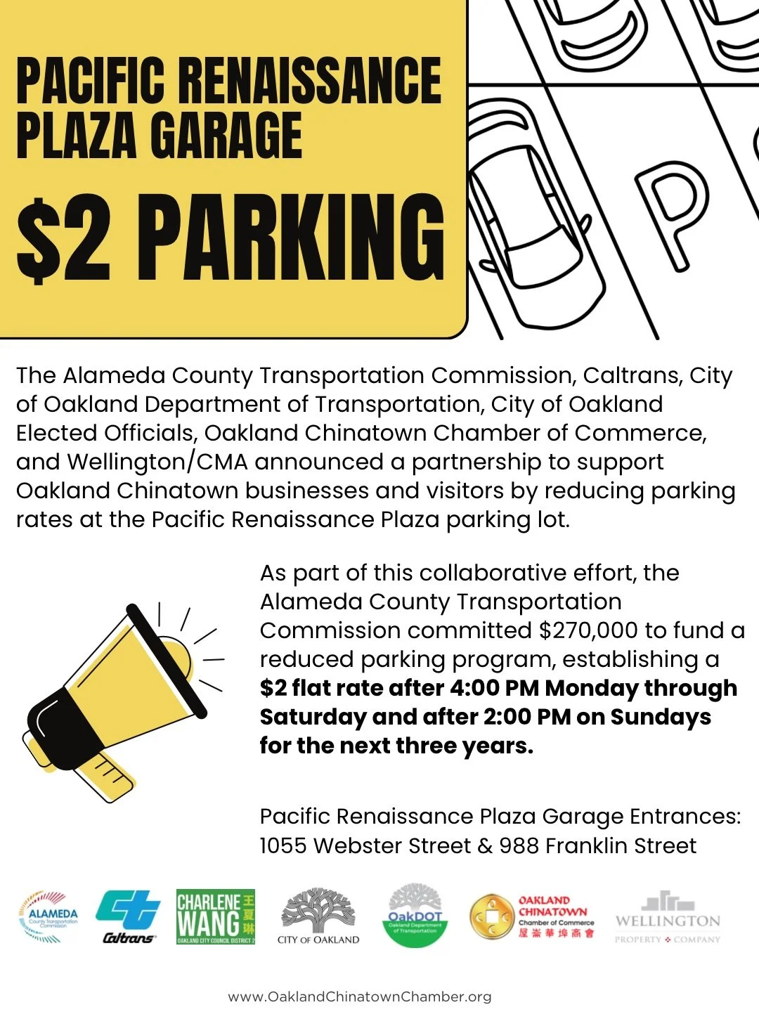 📣Starting tomorrow (5/30) Pacific Renaissance Plaza Parking will be $2 flat rate after 4PM Mondays to Saturdays and $2 flat rate after 2PM Sundays for the next three years!

The Alameda County Transportation Commission, Caltrans, City of Oakland Dep