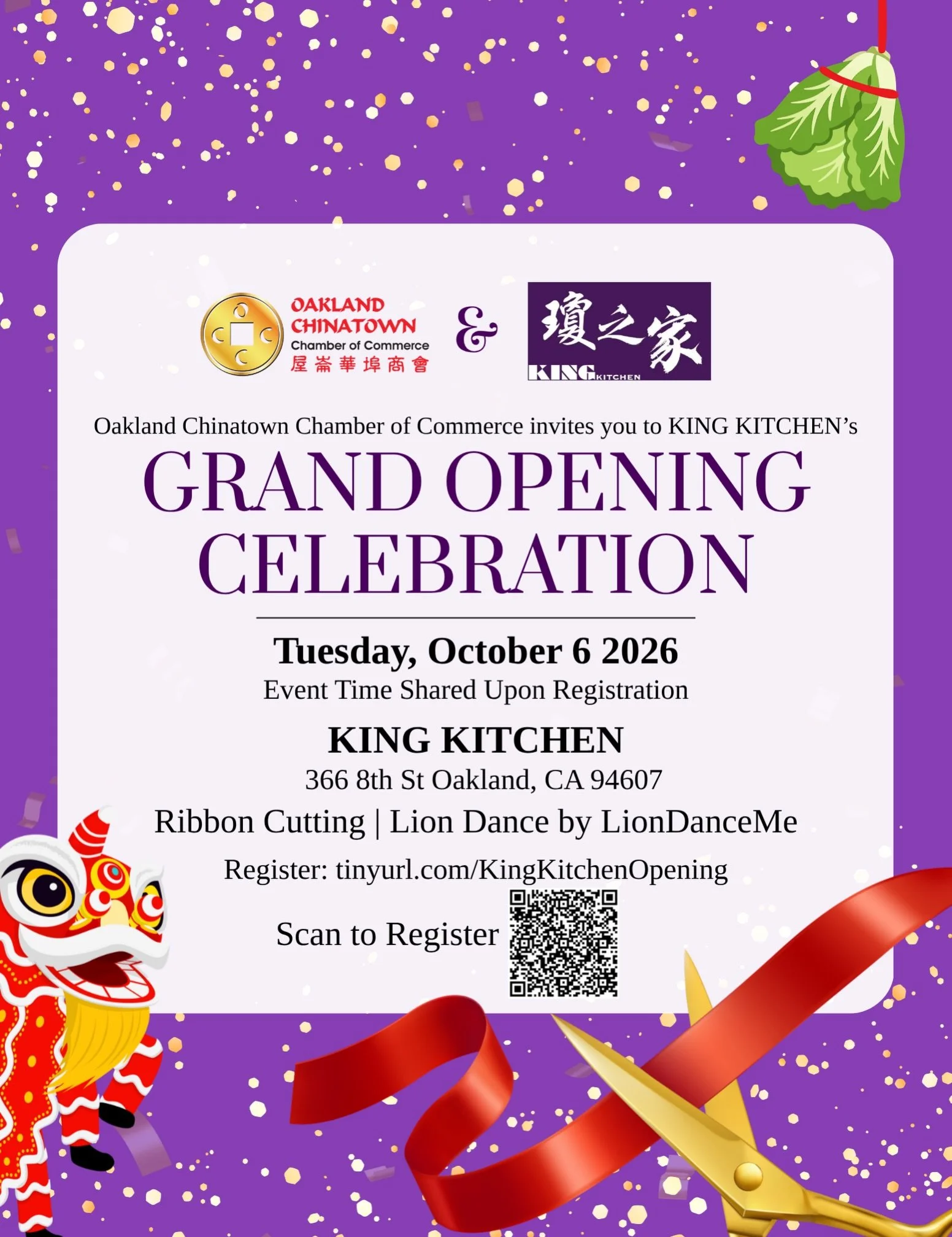 Join us for a Ribbon Cutting and Lion Dance Ceremony celebrating the grand opening of King Kitchen @kingkitchen366 ! 🎉

King Kitchen is a new Oakland Chinatown restaurant specializing in Toishanese cuisine and Chinese pastries.

🎁 Food vouchers