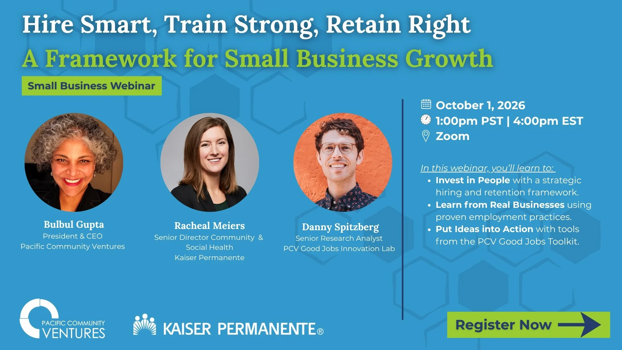 🧠&ldquo;Hire Smart, Train Strong, Retain Right: A Framework for Small Business Growth&rdquo;
🗓️Oct. 1st, 1-2pm Pacific Time
🤝Hosted by Pacific Community Ventures in partnership with Kaiser Permanente
🎟️Free to attend
📚Registered participants rec
