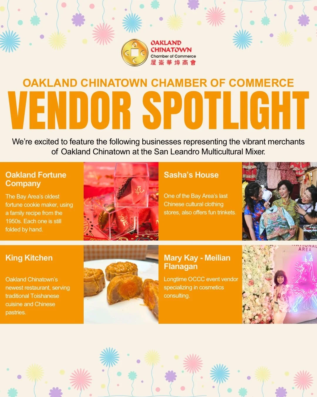 We are so excited to have the four member vendors exhibiting at the Multicultural Mixer happening TOMORROW 9/24!

In collaboration with San Leandro Chamber of Commerce, San Leandro Black Chamber of Commerce, and Alameda County Latina Chamber of Comme