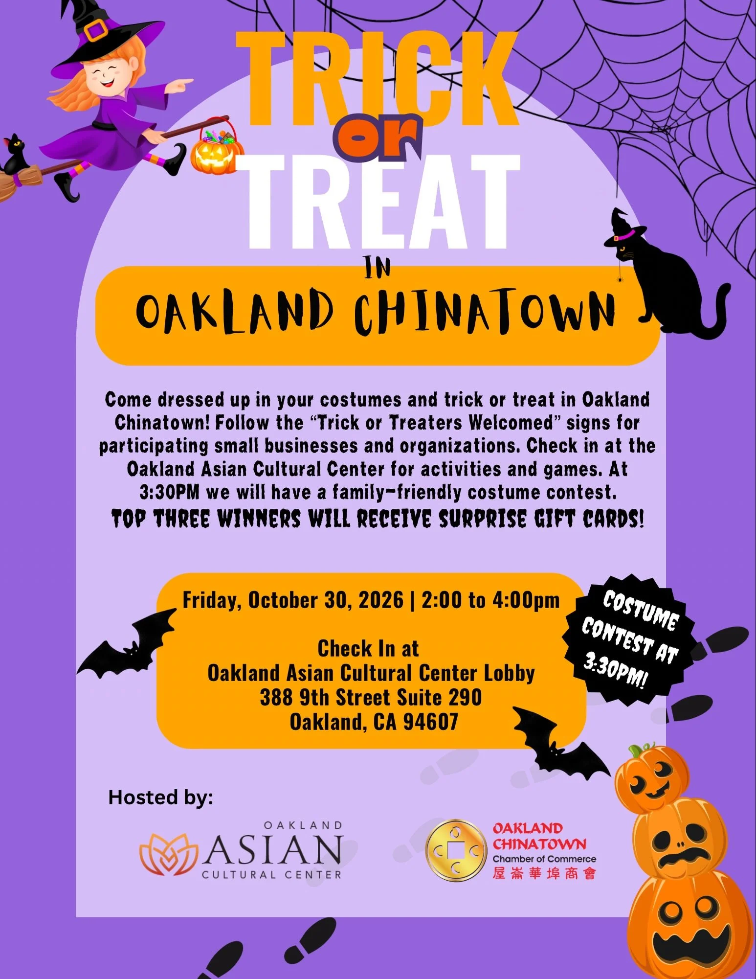 🎃Trick or Treat in Oakland Chinatown is Coming!👻

🗺️Come dressed up in your costumes and trick or treat in Oakland Chinatown! Follow the &ldquo;Trick or Treaters Welcomed&rdquo; signs for participating small businesses and organizations. 

👉🏼Che