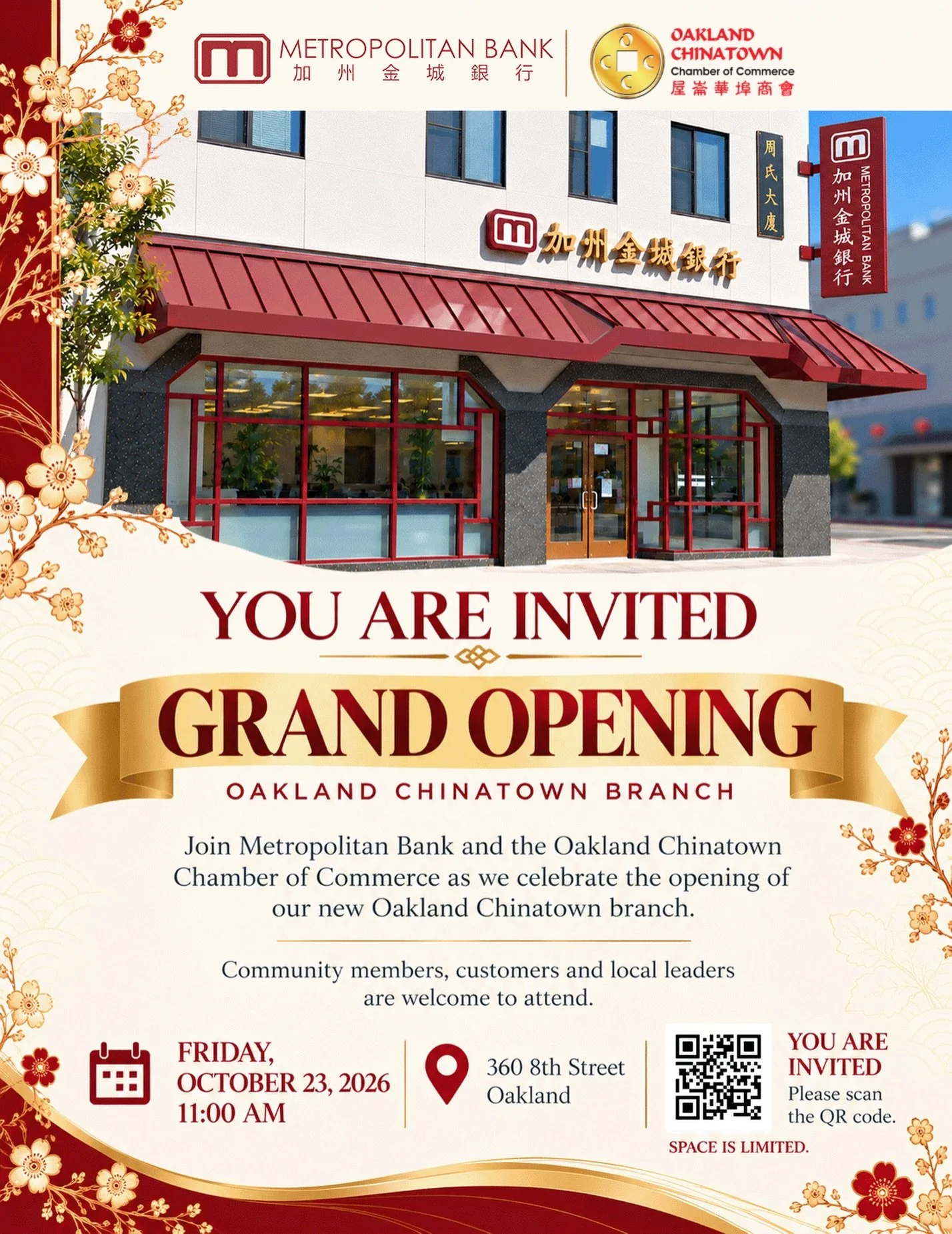 We&rsquo;re celebrating Metropolitan Bank as they move into a larger space with even more safety deposit boxes, expanding their ability to serve the Oakland Chinatown community. There will be a ribbon cutting as well as Lion dancing!

This relocation