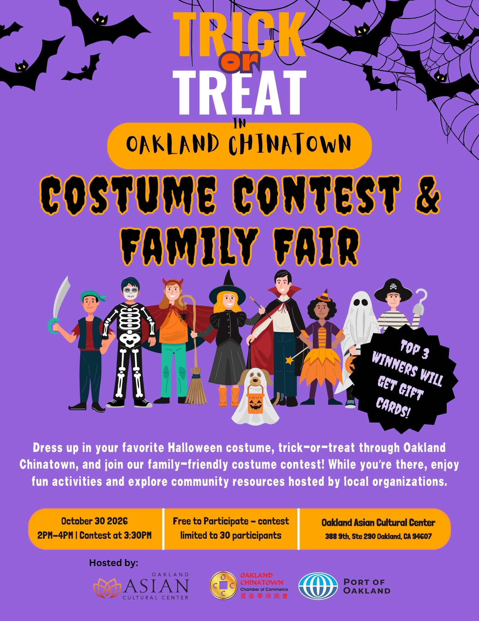 Calling all little ghosts, superheroes, princesses, and Halloween characters! 🎃👻 Dress up in your favorite costume and join our family-friendly costume contest in Oakland Chinatown. Kids are invited to show off their Halloween spirit, creativity, a