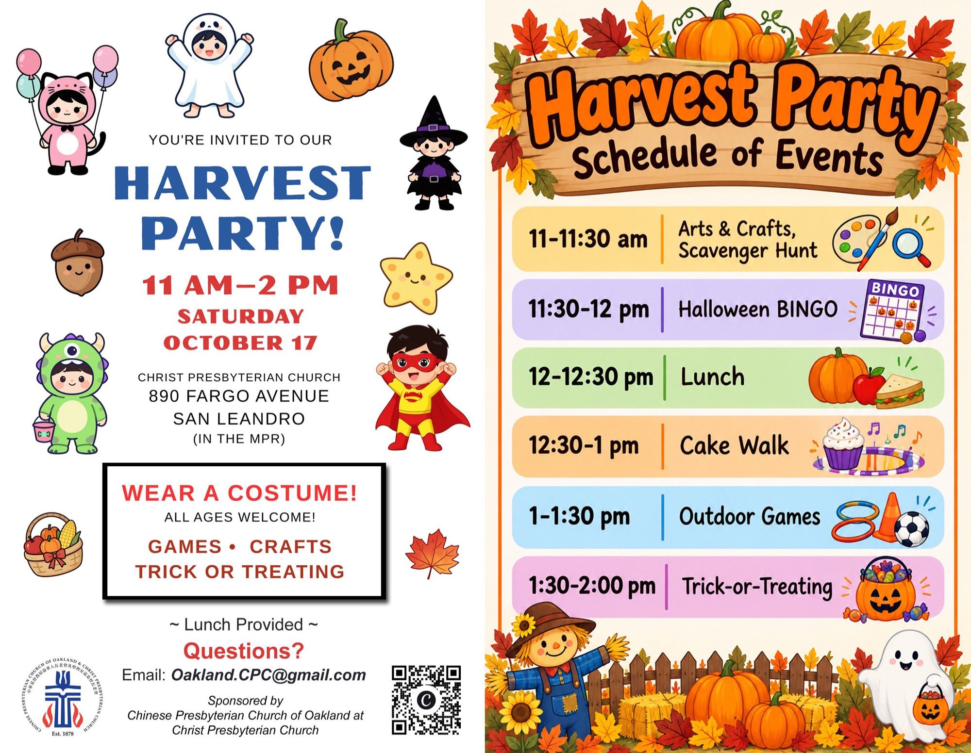 Community event! Check out Chinese Presbyterian Church&rsquo;s Harvest Party tomorrow. Details below:

All ages are invited to attend Chinese Presbyterian Church&rsquo;s Harvest Party, this Saturday, October 17th from 11 AM-2 PM at our sister church,