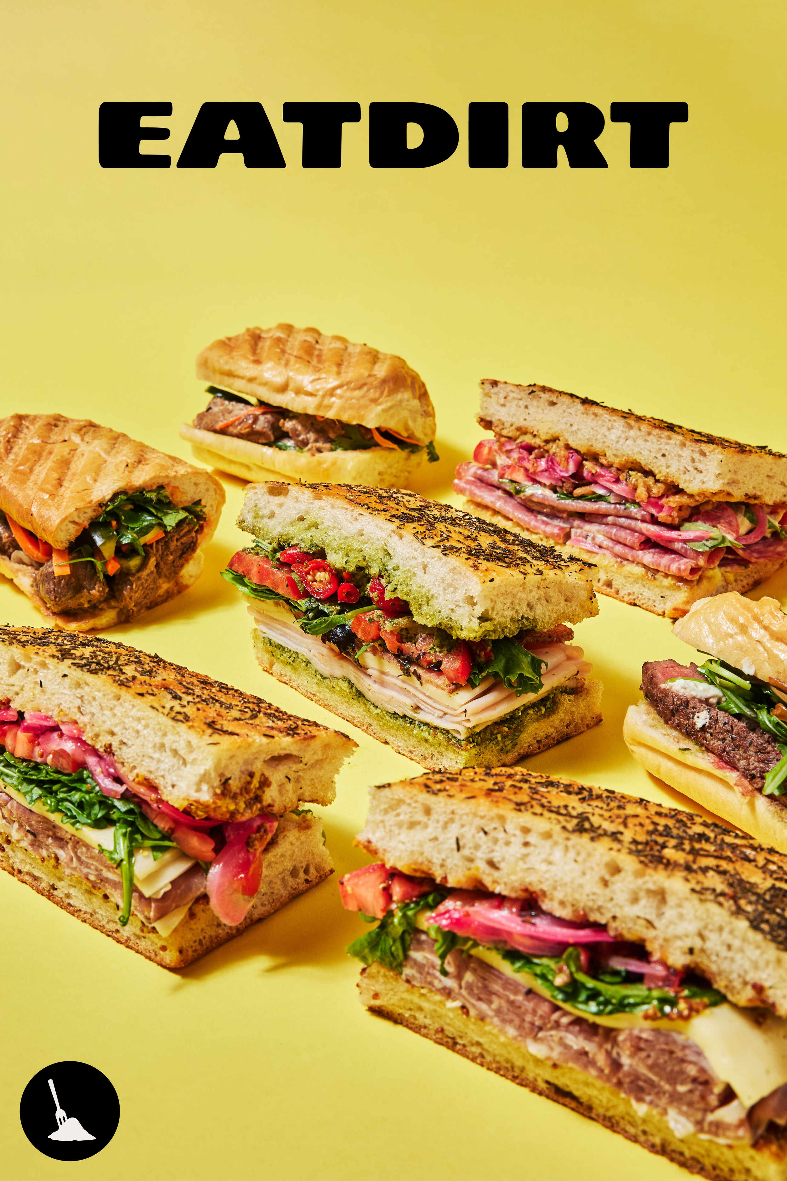 Assorted sandwiches on a yellow background with the word 'EATDIRT' at the top.