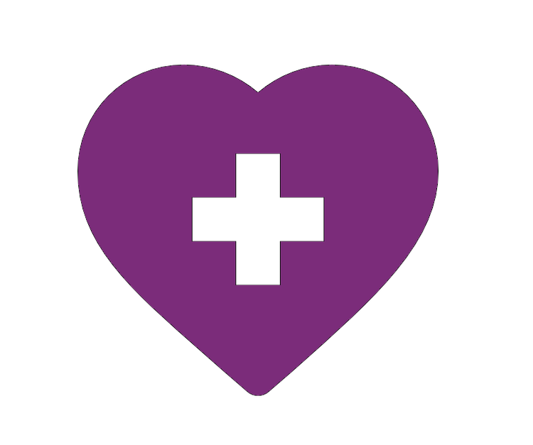 Purple heart with a black medical cross in the center.