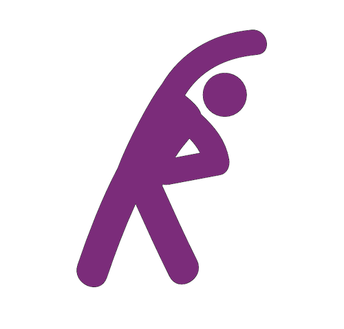 Purple stylized human figure performing a side stretch with one arm raised overhead and the other hand on the bent knee, set against a black background.