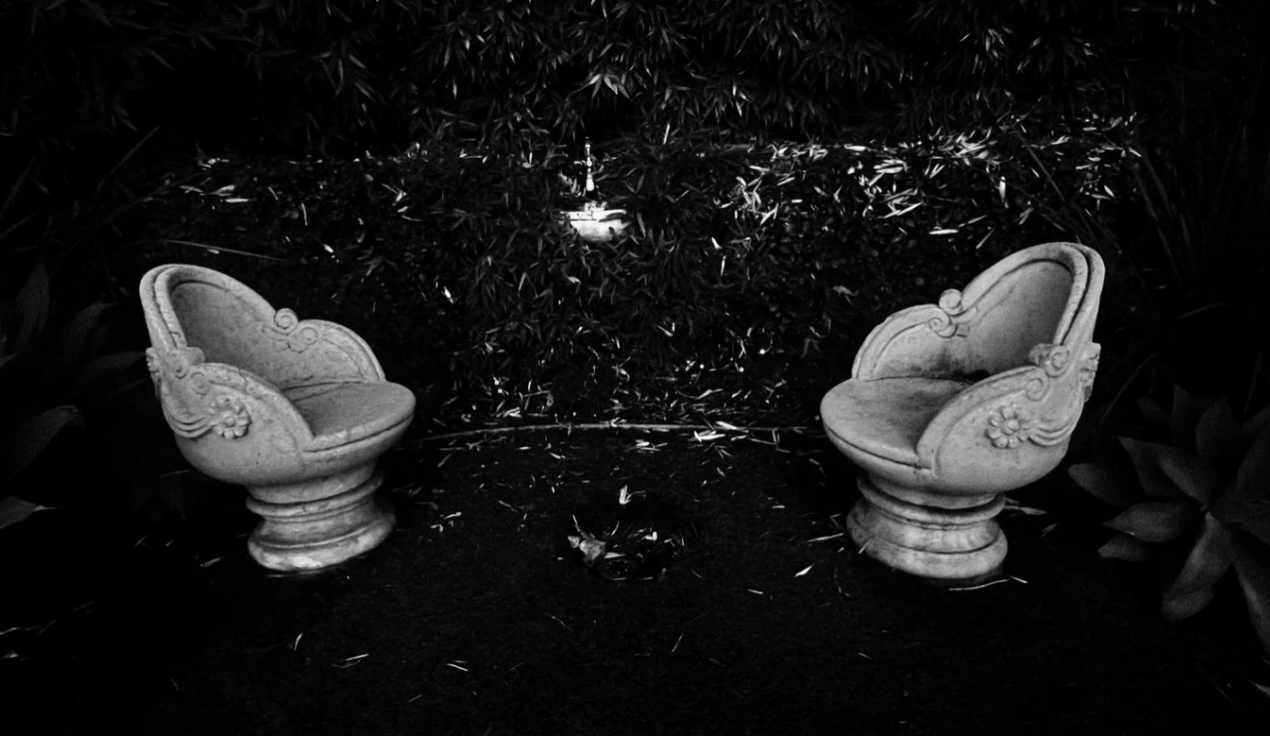 Two ornate stone chairs facing each other amidst dark foliage at night, with a small light in the background creating a mysterious atmosphere.