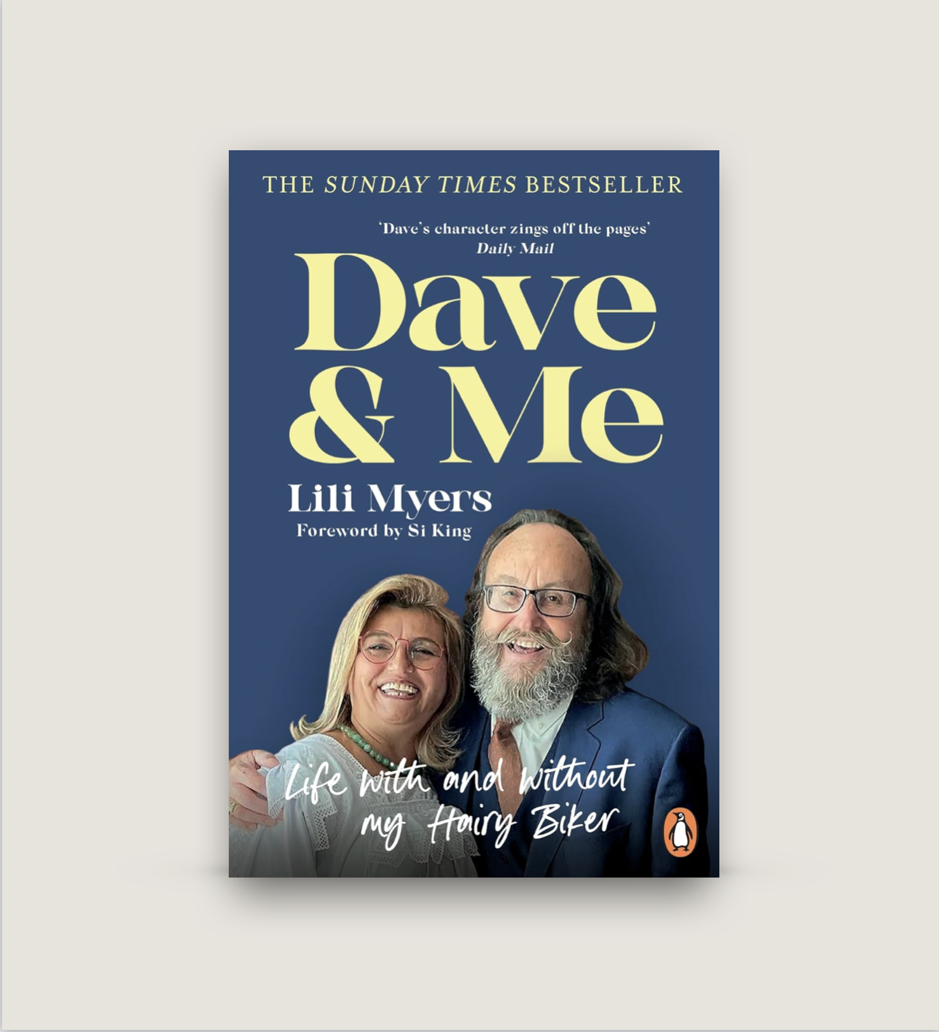 Book cover titled 'Dave & Me' by Lili Myers, featuring a photo of a smiling woman and man, with a blue background, gold and white text, and a sticker that reads 'The Sunday Times Bestseller'.