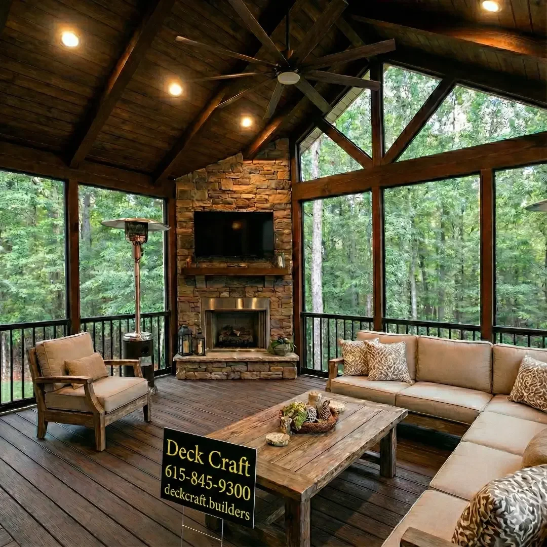 A rustic screened-in porch with wooden flooring, a stone fireplace, a mounted flat-screen TV above the fireplace, a ceiling fan, beige sofas with decorative pillows, a wooden armchair, a floor heater, and outdoor scenery visible through large windows.