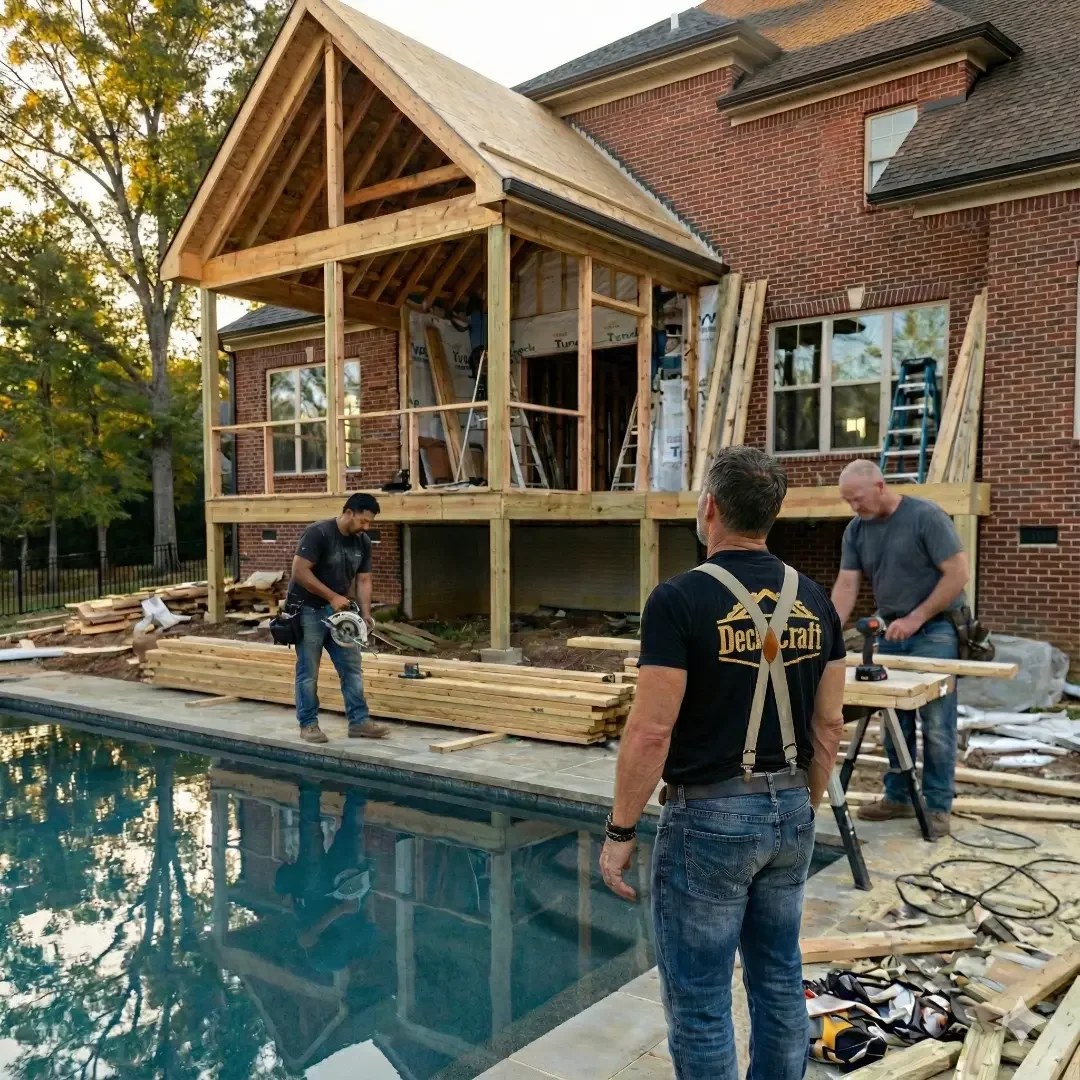 Deck Craft Construction workers are building a deck and covered porch by the swimming pool at a brick house during daylight, with tools and wood scattered around.