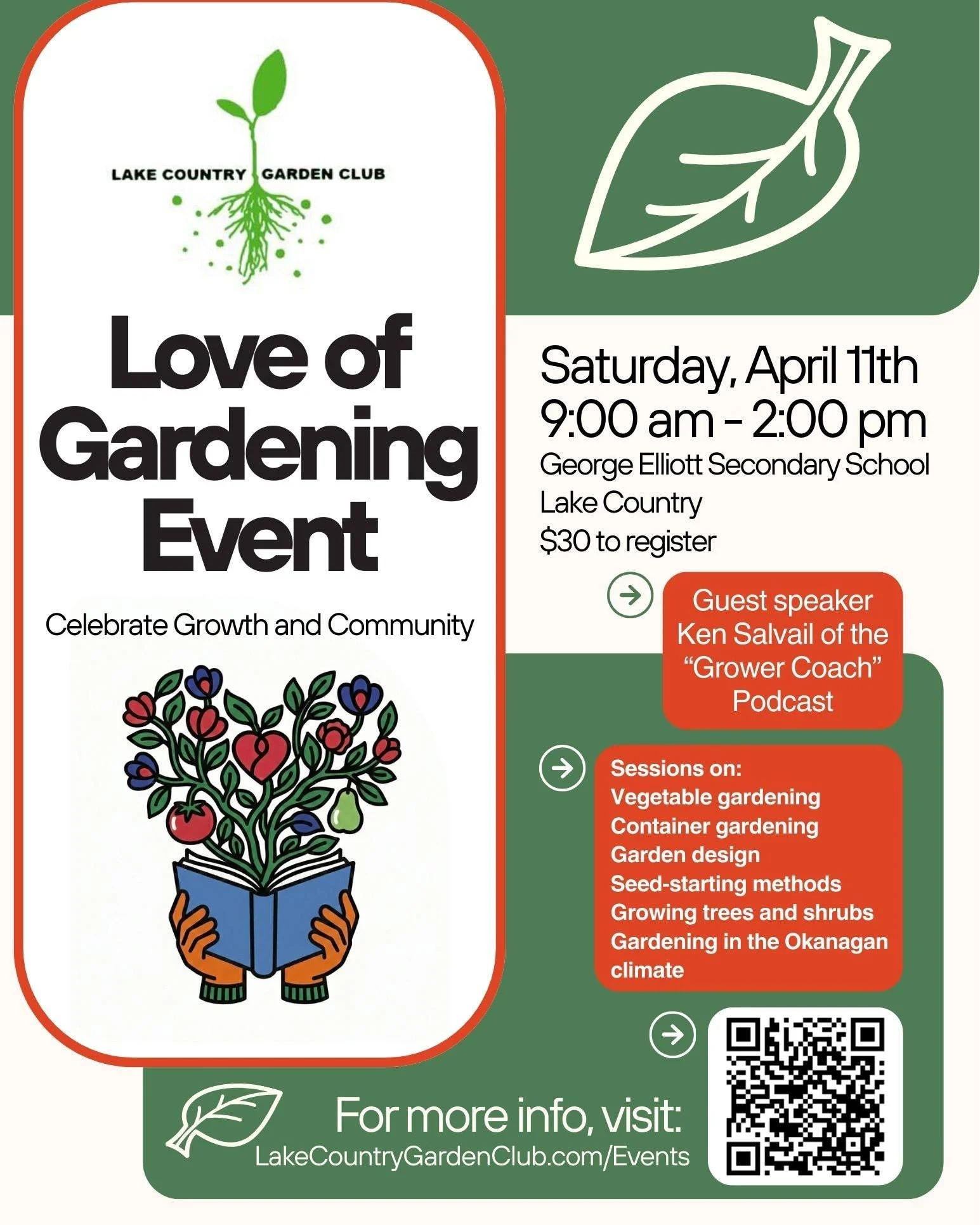 Saturday April 11th-Join the Lake Country Garden Club for a full day of gardening seminars designed to inspire gardeners of all experience levels. Local experts share practical, climate-smart techniques that work in the Okanagan, along with the simpl