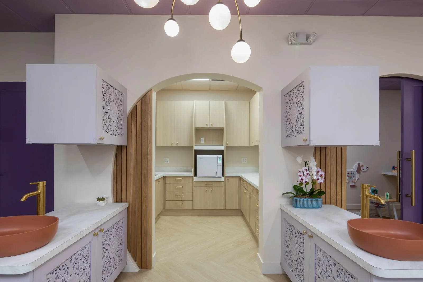 Detail of entry to sterilization lab creating a focal point while also creating a sense of privacy and consistency within the space. 