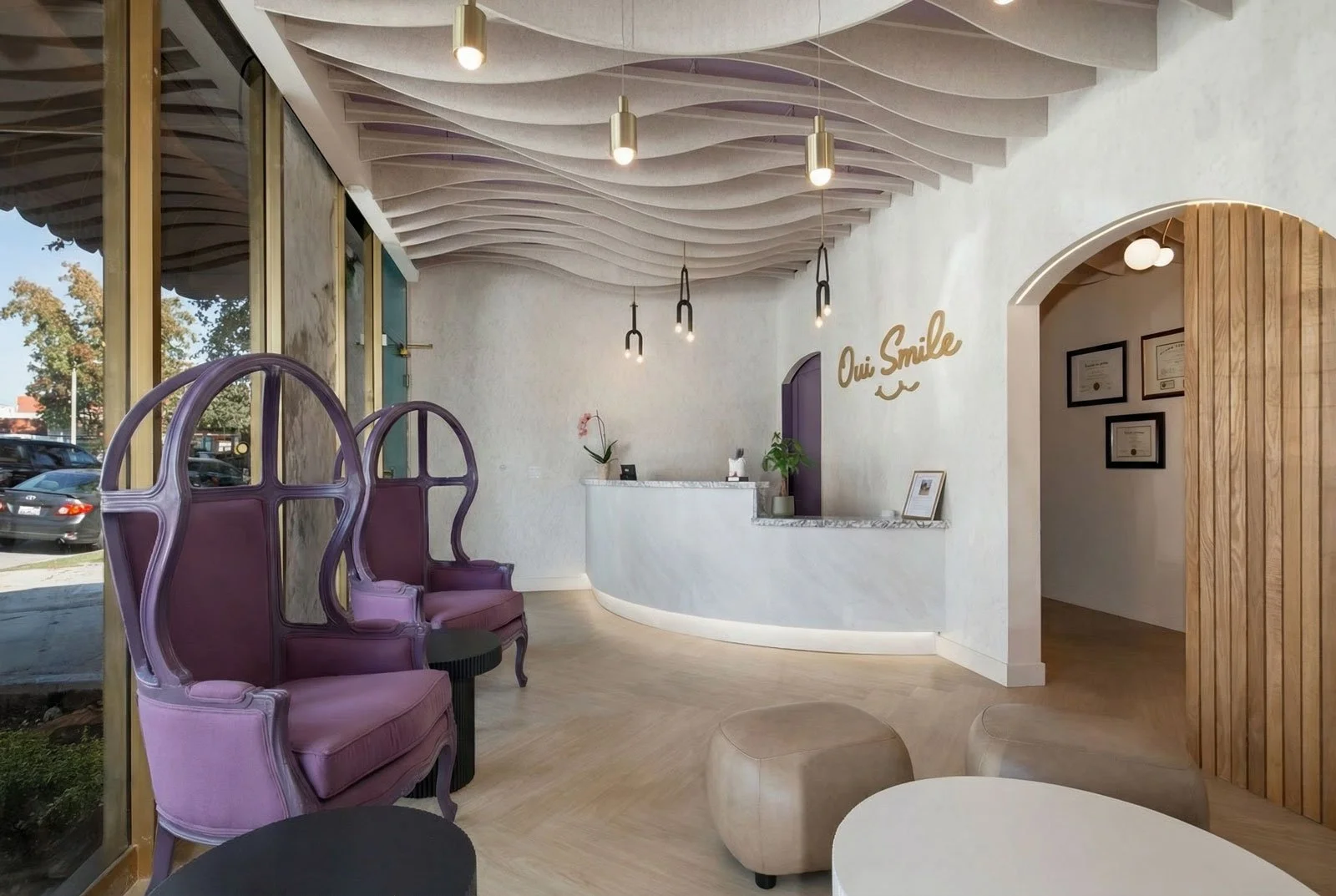 Pediatric dental lobby inspired by French lavender fields. Using sensory design with color, pattern, movement, and acoustics the spaces feels like a spa for children reducing anxiety for them, parents, and the team treating them.  Elle H-Millard, CKD