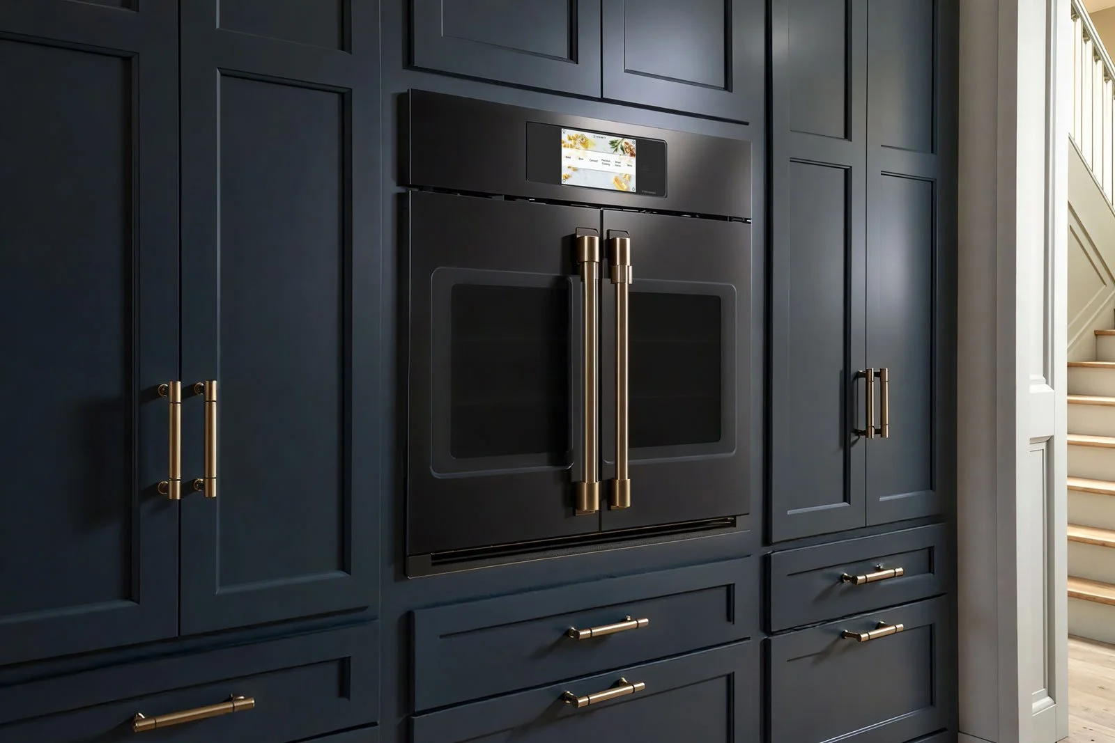 Single French door wall oven in full height cabinets.