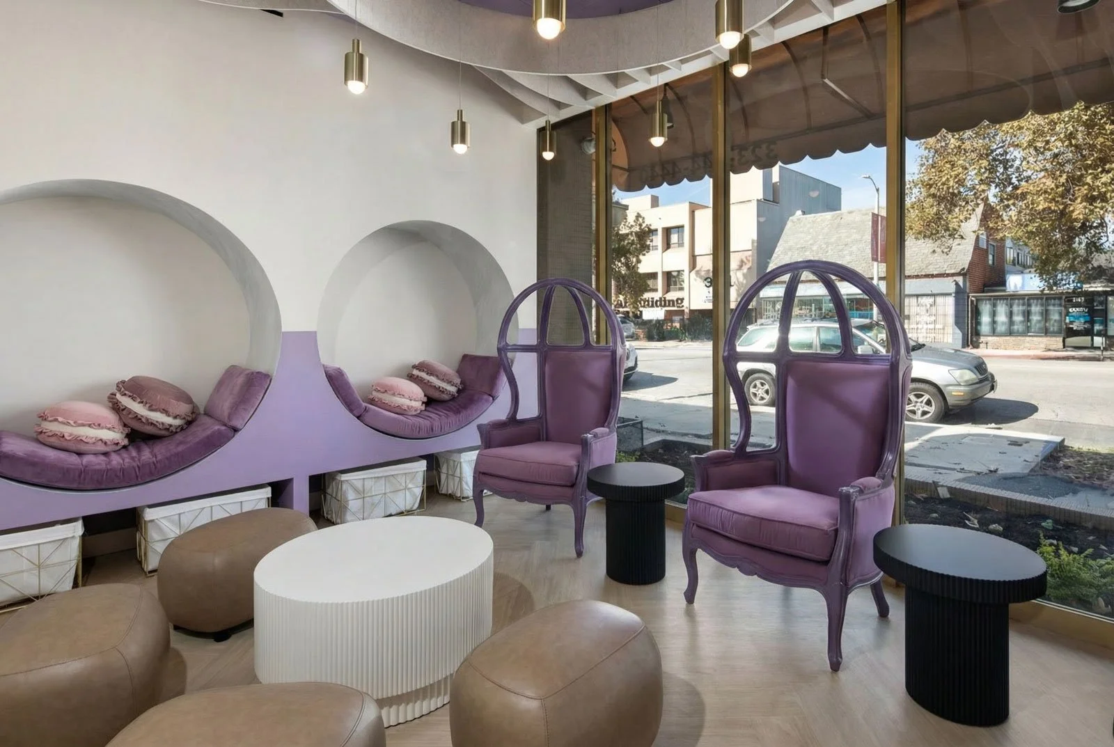 Pediatric dental lobby inspired by French lavender fields. Using sensory design with color, pattern, movement, and acoustics the spaces feels like a spa for children reducing anxiety for them, parents, and the team treating them.  Elle H-Millard, CKD