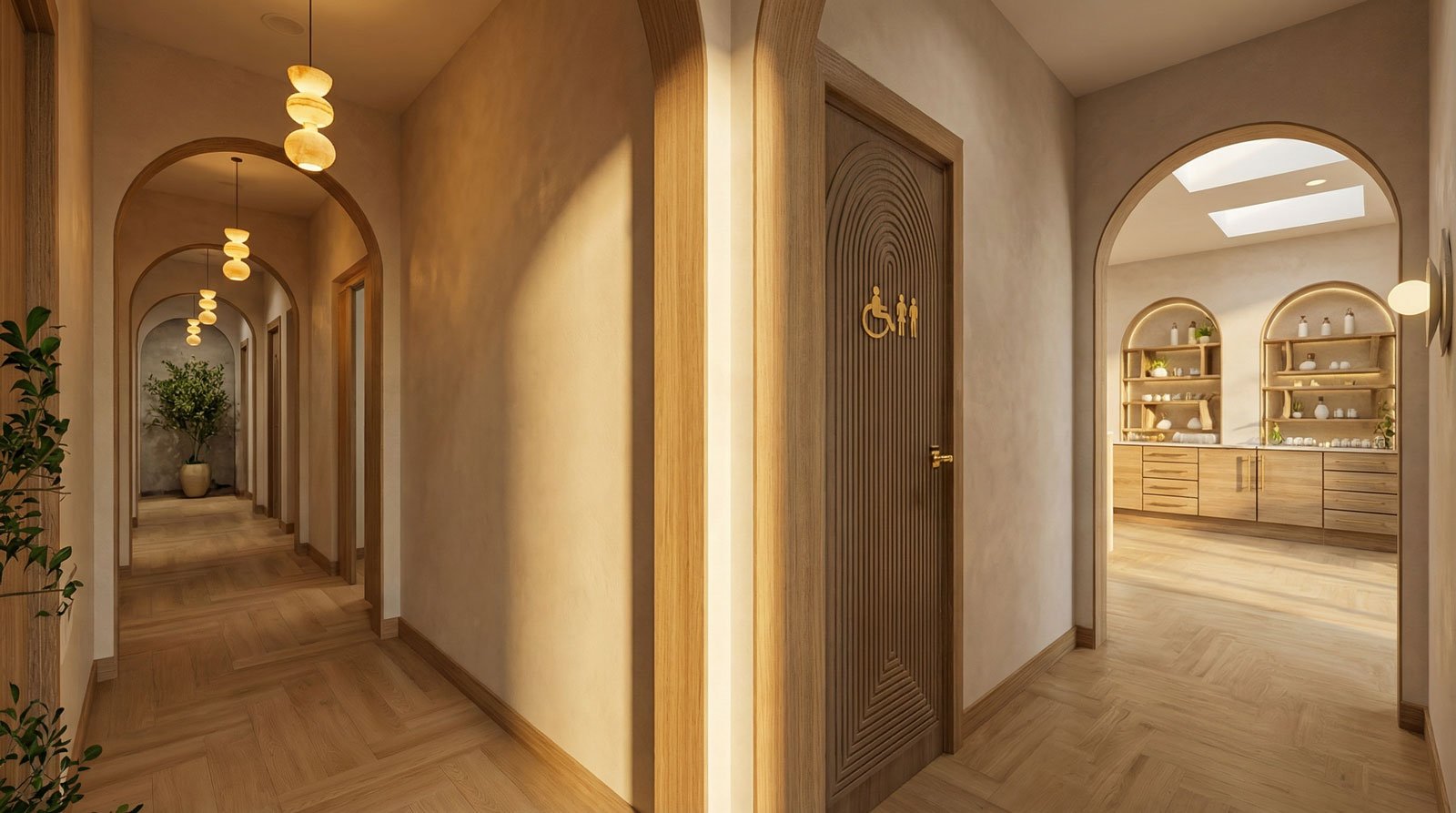 Hallway to treatment rooms and view of retail display cabinetry with natural lighting.