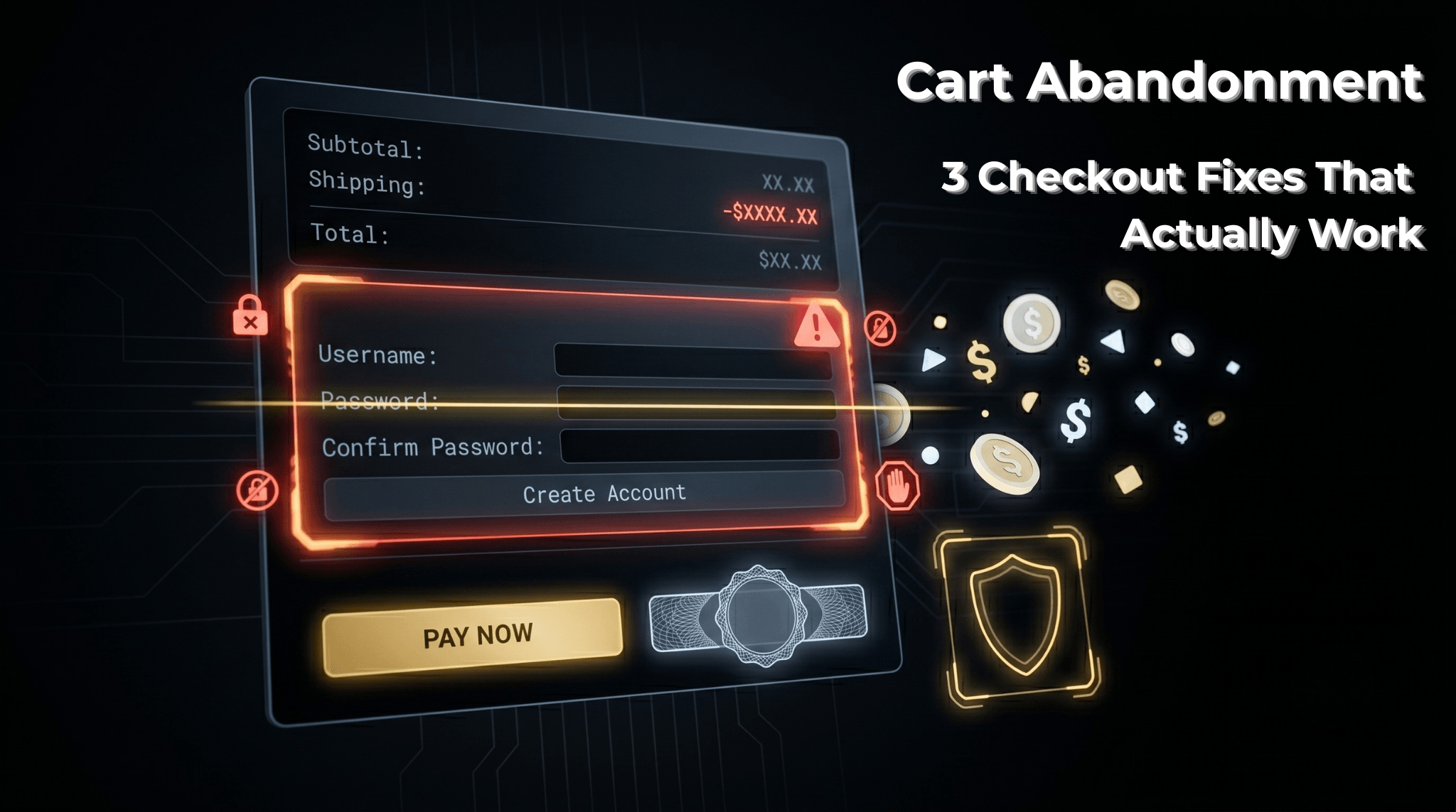 Dark-mode checkout form showing three structural friction points including surprise shipping costs, forced account creation, and missing trust signals, with revenue visibly leaking away from an incomplete purchase